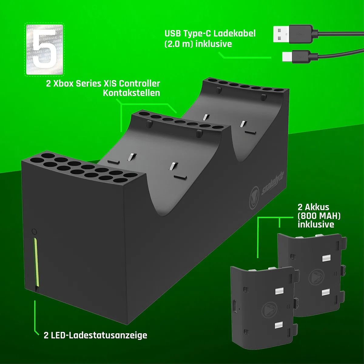 snakebyte Xbox TWIN CHARGE SX - nero - Caricatore per controller Serie X, caricatore per 2 controller wireless, 2 batterie ricaricabili 800mAh, indicatore di stato di carica a LED, design Serie X