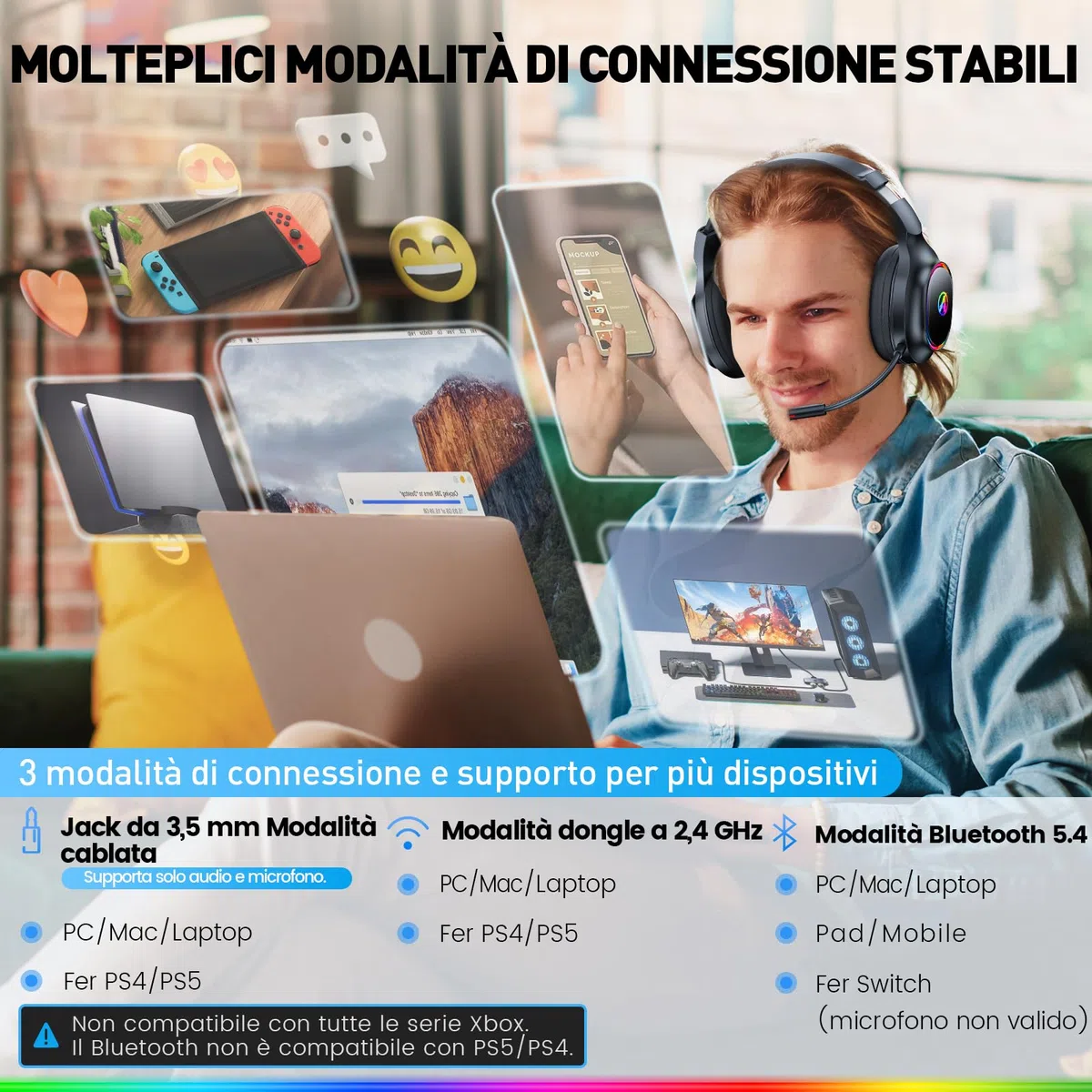 Cuffie Gaming Wireless con Microfono per PS4, PS5, PC, Mac, Switch, Cuffie da gioco con Cancellazione del Rumore con Luce RGB, 2,4 GHz, Suono Stereo 7.1, Cuffie Bluetooth Nero