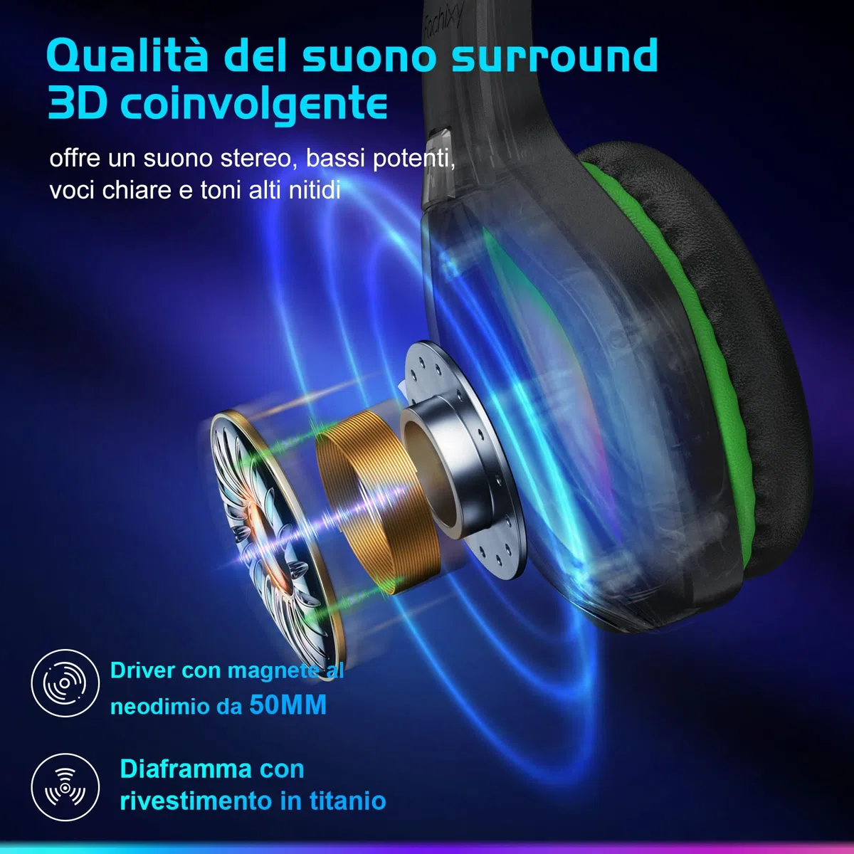 Fachixy FC100 Cuffie da gioco senza fili 2.4GHz Bluetooth microfono Suono stereo 3D 50 ore Batteria PS4 PS5 PC nero-verde
