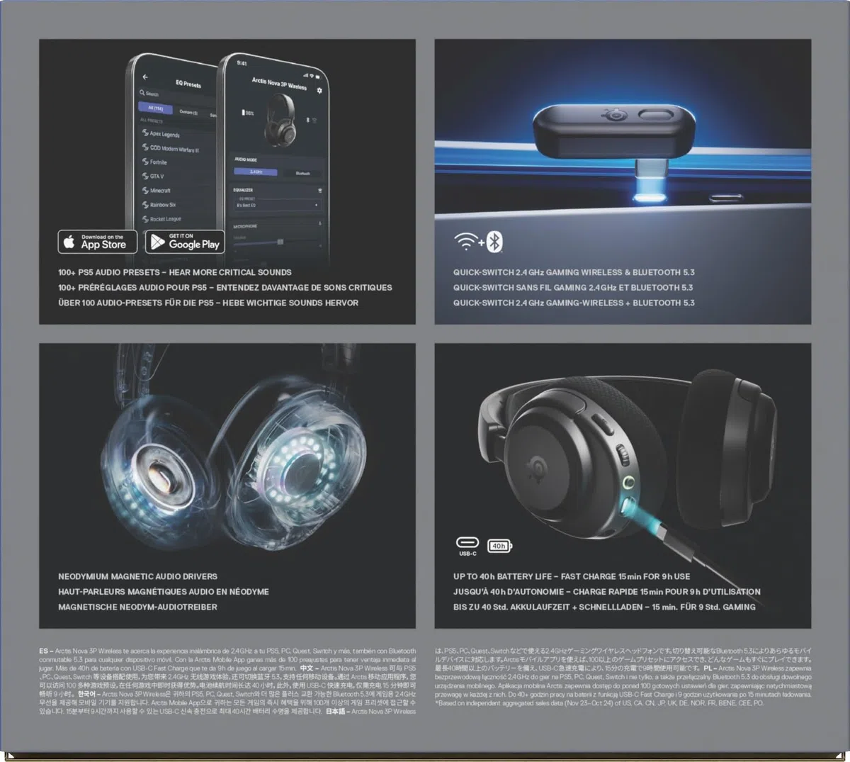 SteelSeries Arctis Nova 3P Cuffie da gioco wireless 2,4GHz/BT 40h neodimio Nero per PS5 PS4 PC Switch
