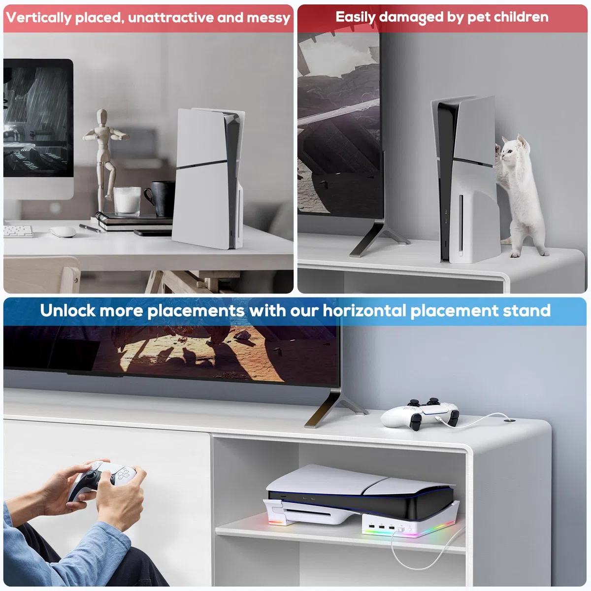 Supporto orizzontale RGB per PS5 Pro/PS5 Slim con 4 porte USB