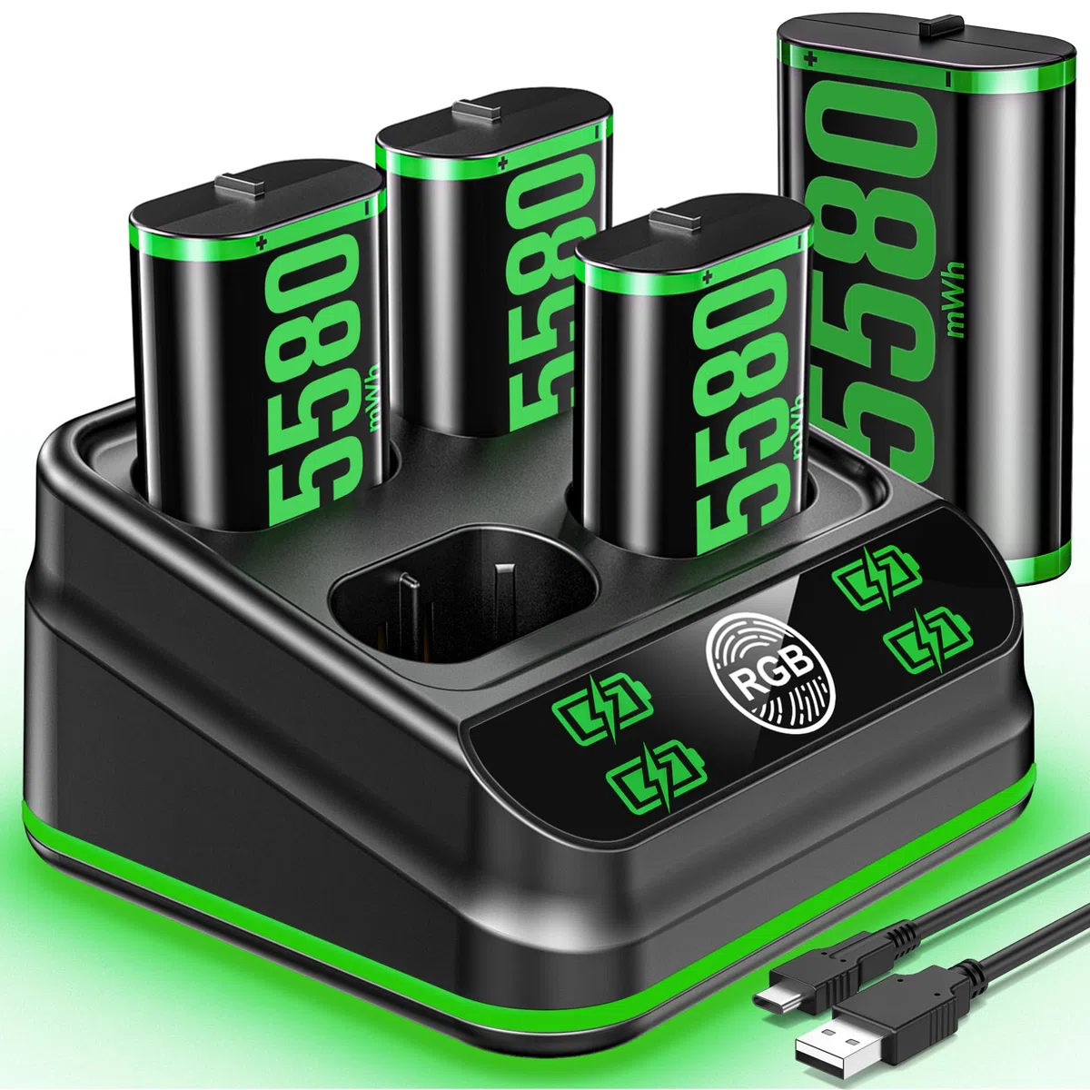 Batteria Ricaricabile per Controller Xbox 5580mWh con Caricabatterie 9 Modalità Illuminazione, Accessori Xbox