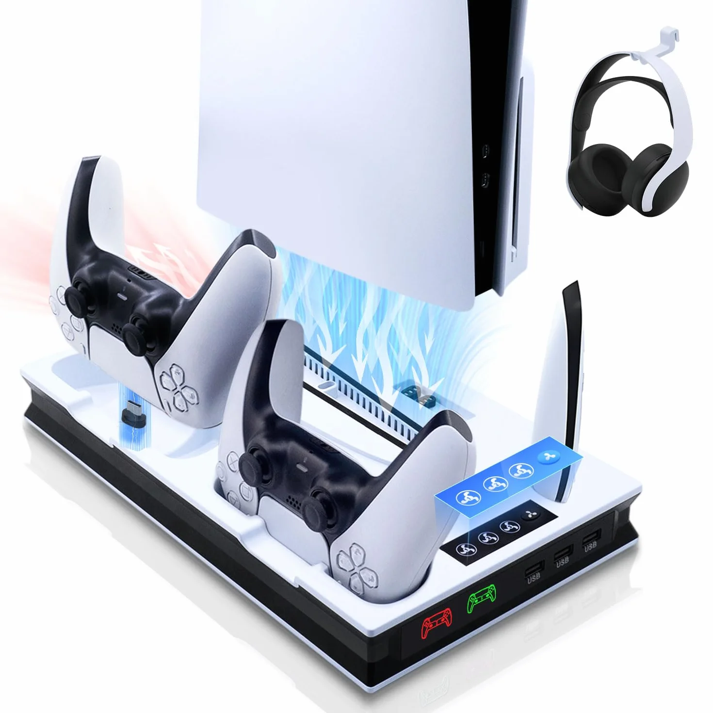 Supporto Verticale di Raffreddamento per PS5/PS5 Pro/PS5 Slim Stazione di Ricarica per Controller Doppi con 3 Livelli di Ventola/Supporto per Cuffie per PS5/PS5 Slim UHD/Digital Edition