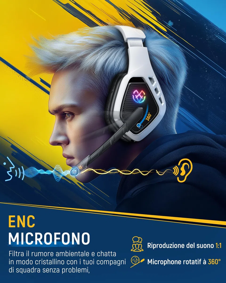 Tatybo Cuffie Gaming Wireless PS5 PS4 Bluetooth 2.4 GHz USB Type-C Microfono 7.1 Batteria 40 Ore PC Mac Laptop Mobile Switch Nero-Bianco