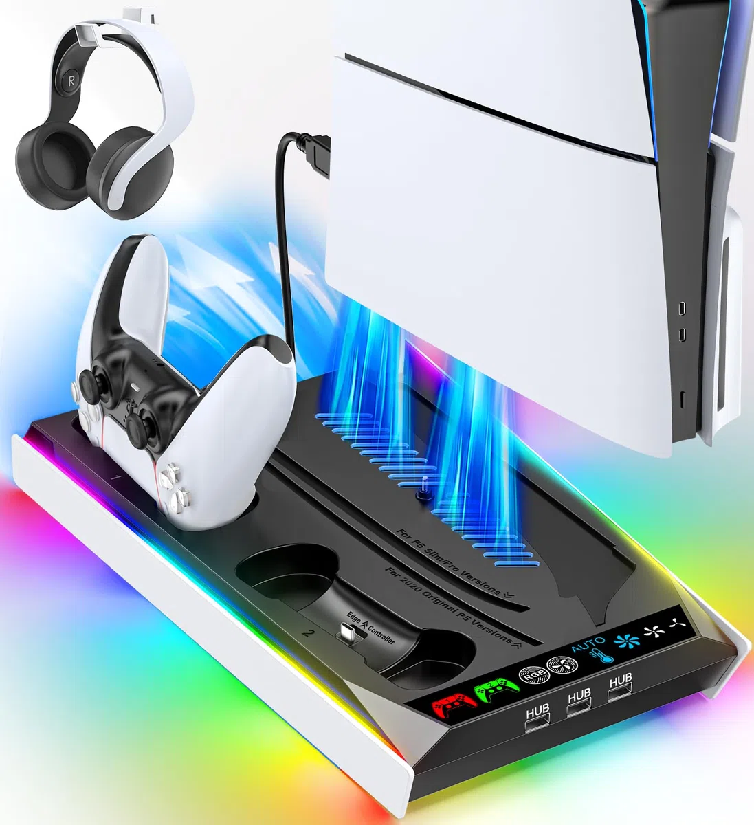 Supporto PS5 Slim Pro Console Disco Digitale Base Raffreddamento Ricarica Illuminazione RGB Caricatore Controller Ventola 3 Livelli Accessori
