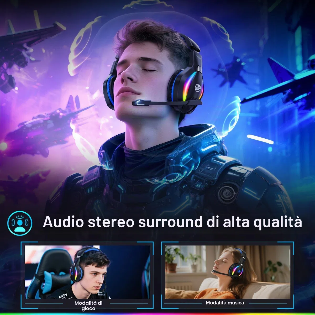 Fachixy FC100 Cuffie Gaming Wireless 2,4G con Microfono per PS5 PS4 PC Switch Mac, Surround Sound LED, 50h Batteria