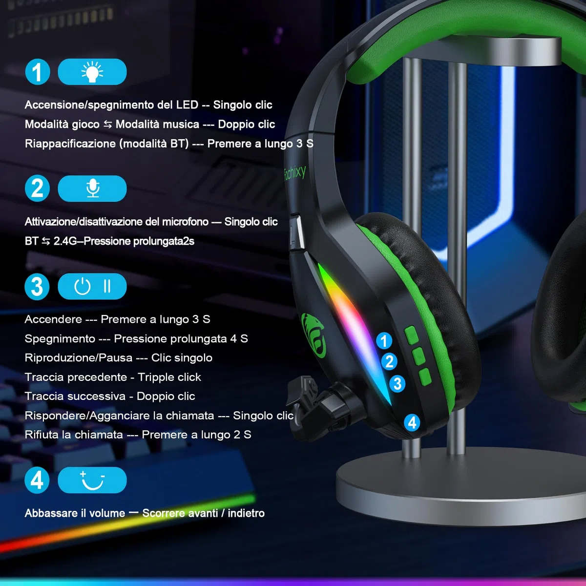 Fachixy FC100 Cuffie da gioco senza fili 2.4GHz Bluetooth microfono Suono stereo 3D 50 ore Batteria PS4 PS5 PC nero-verde