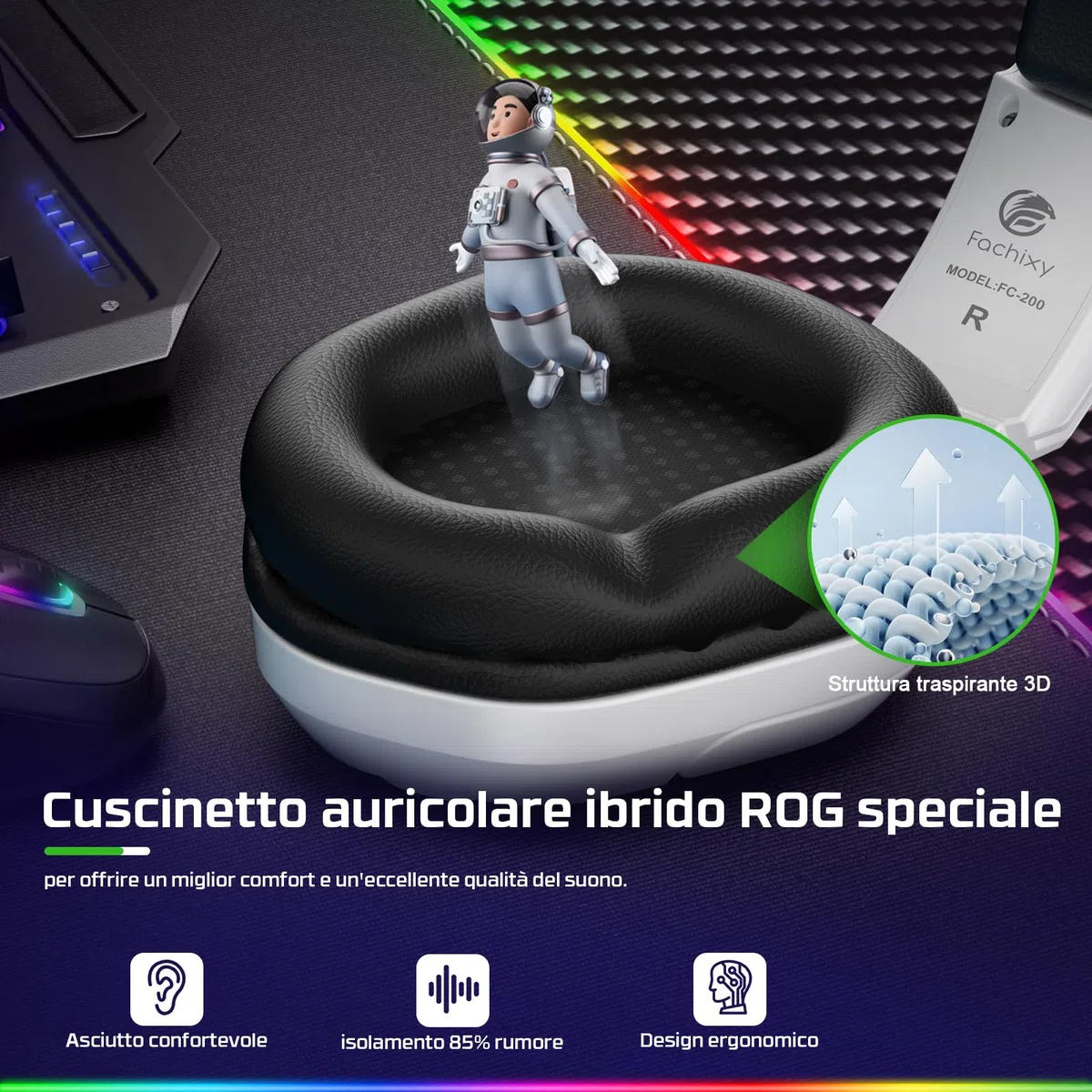 Fachixy FC200 Cuffie Gaming con Luce RGB, Microfono, Audio Stereo, Cancellazione Rumore - BIANCO