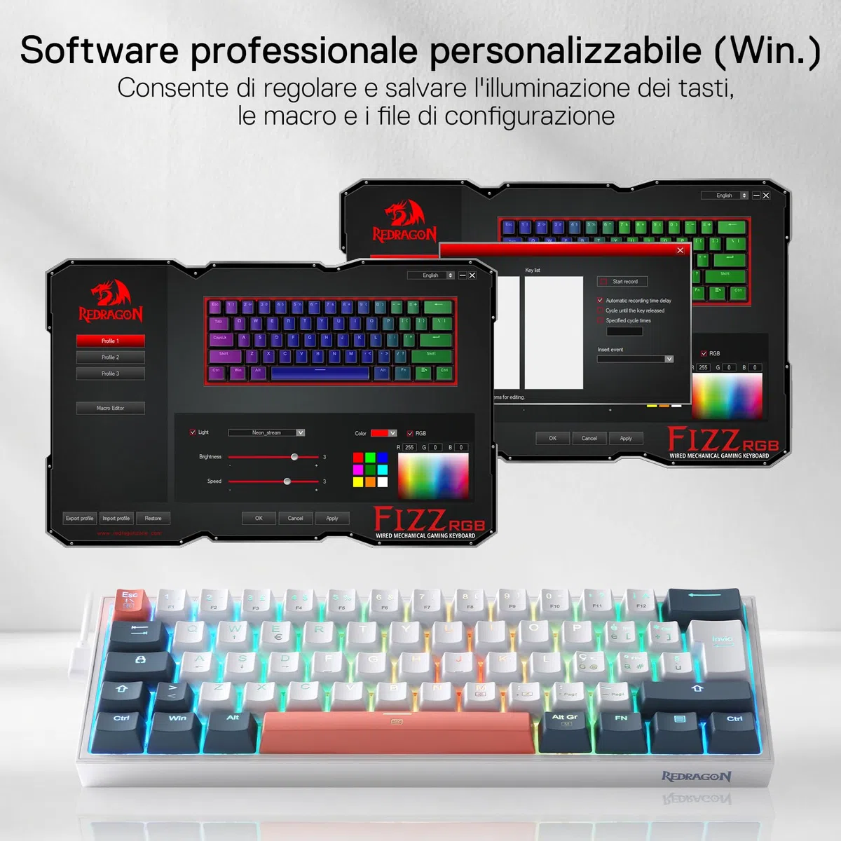 Redragon K617 Fizz 60% Wired RGB Gaming Tastiera Meccanica, 62 Tasti Hot-Swap, Interruttori Rossi Lineari, Layout Italiano QWERTY