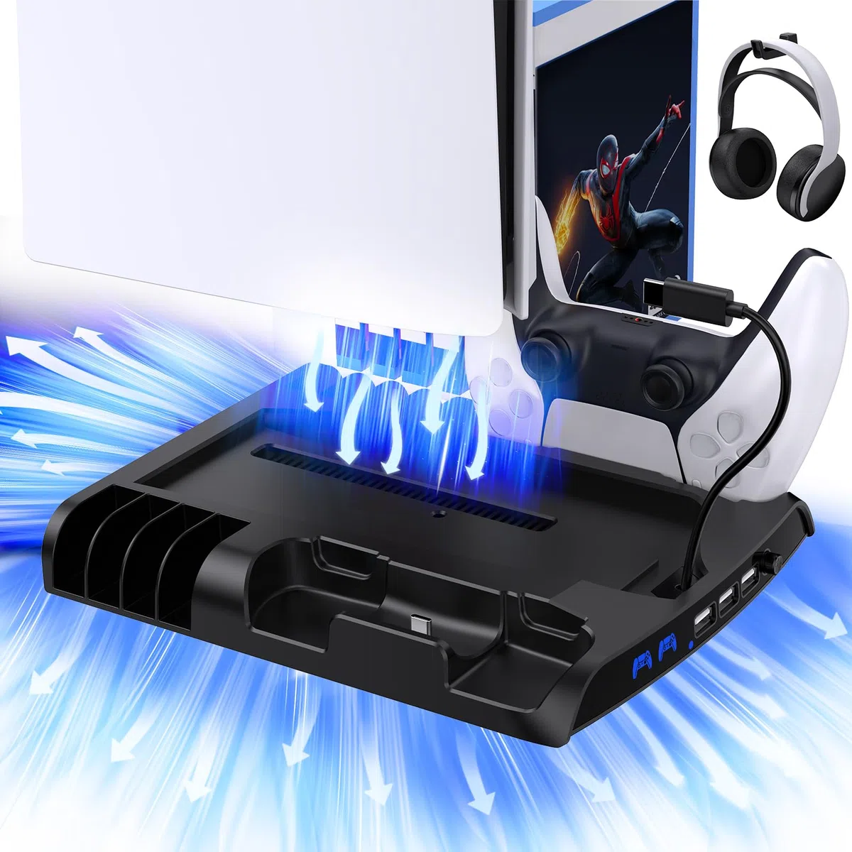 innoAura Supporto di raffreddamento sottile con 2 ventole di raffreddamento e stazione di ricarica per PS-5 Slim Disc e Digital Edition, stazione di raffreddamento PS-5 Slim con 3 porte USB