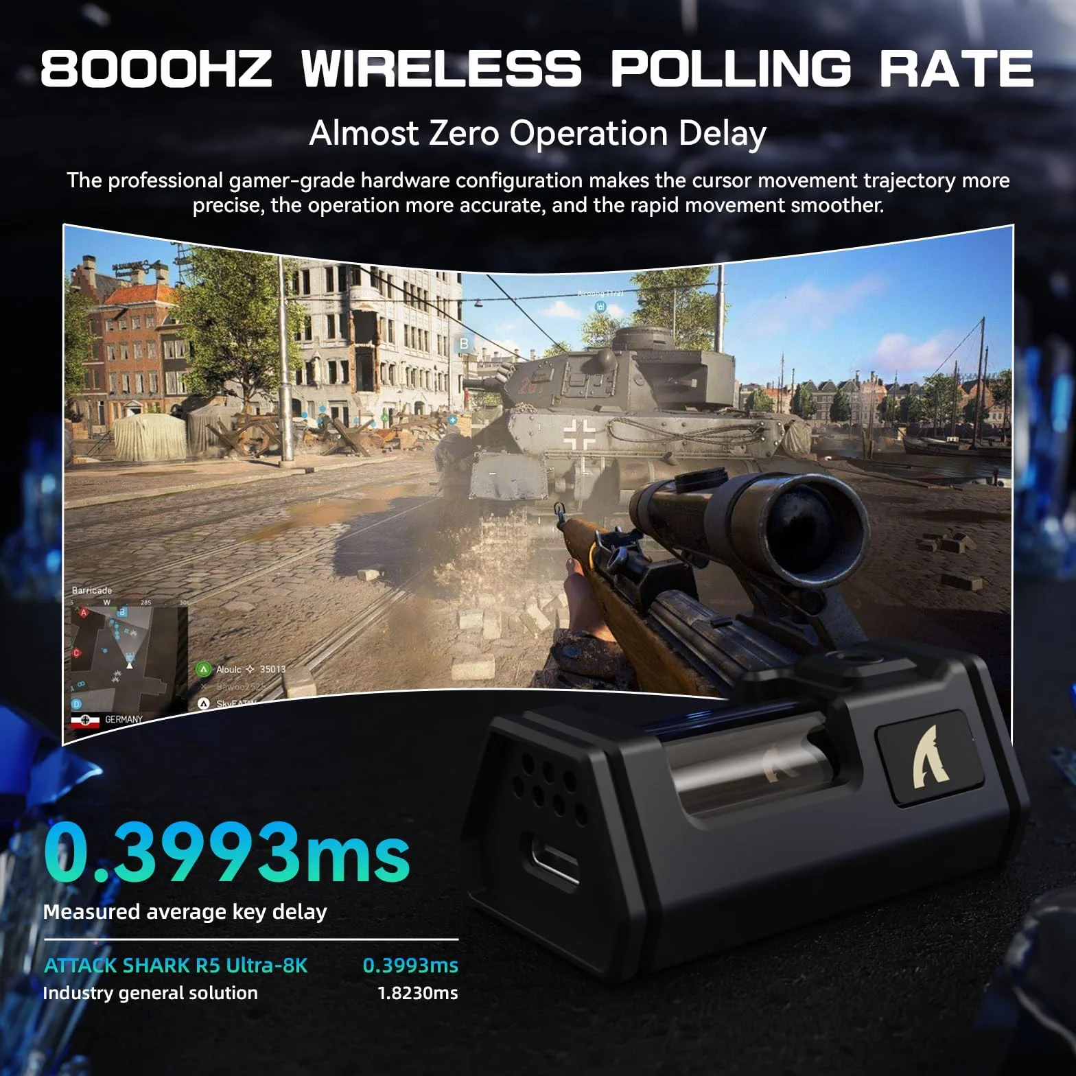 ATTACK SHARK R5 Ultra Mouse da Gioco Wireless HyperSpeed Fibra Carbonio, Mouse Ultraleggero 39g, 2,4G/BT/USB-C Cablato, Sensore PAW3950MAX, Frequenza Polling Wireless 8KHz, 42KDPI, Win/Mac -Nero