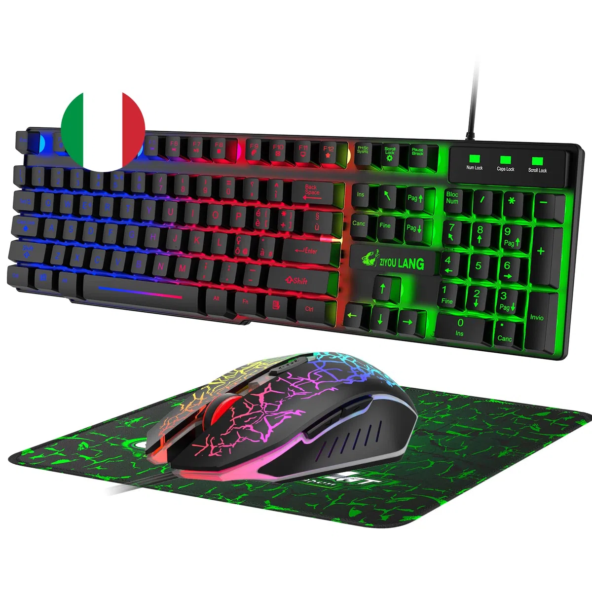 LexonElec T13 Nero IT Layout QWERTY Tastiera e Mouse da Gioco, USB Cablato Retroilluminato LED RGB Arcobaleno 19 tasti non conflittuali, 6 Tasti 2400 DPI colorato Mouse, per Laptop PC Linux PS4 Xbox