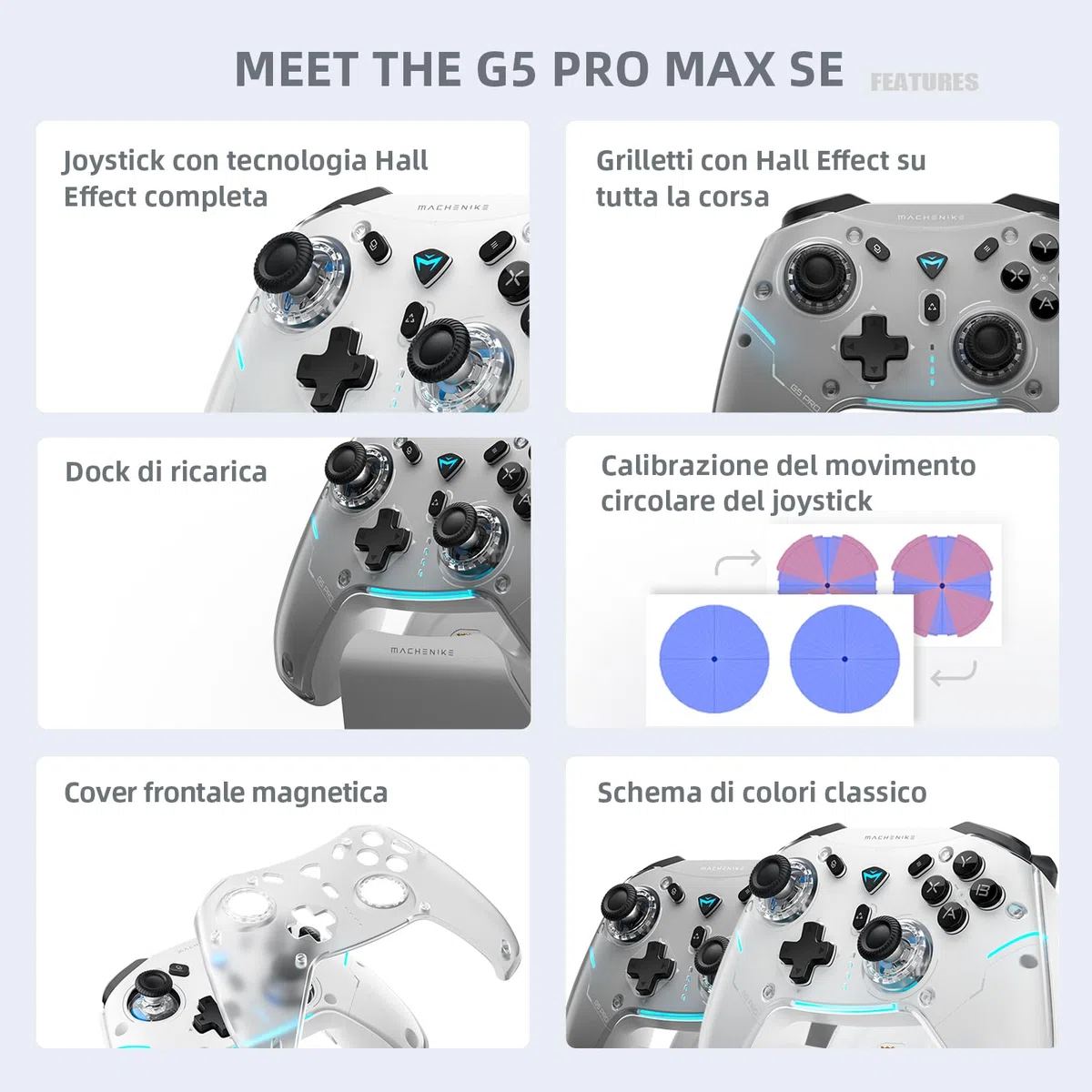 Machenike G5PROMAXSE Controller Bluetooth con Base di Ricarica, Joystick Effetto Hall, Controller Wireless per Switch/Mac/PC/iOS/Android, 2.4G/BT/USB, 1000Hz/1000mAh, Vibrazione, Bianco
