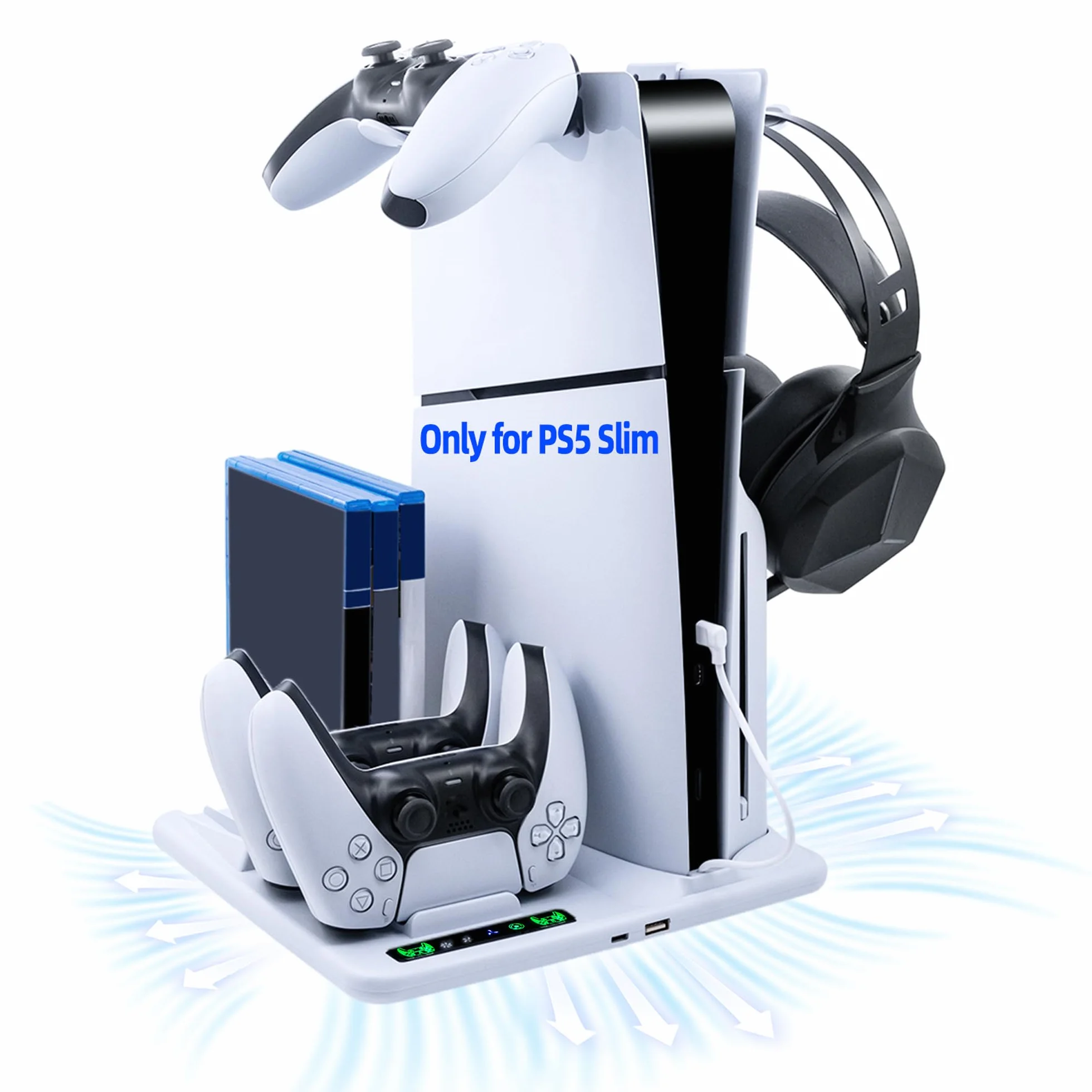 Stazione di Ricarica per PS5 Slim, Doppi Controller con Gancio Cuffie, Raffreddamento per Playstation 5 Slim con 6 Slot Dischi