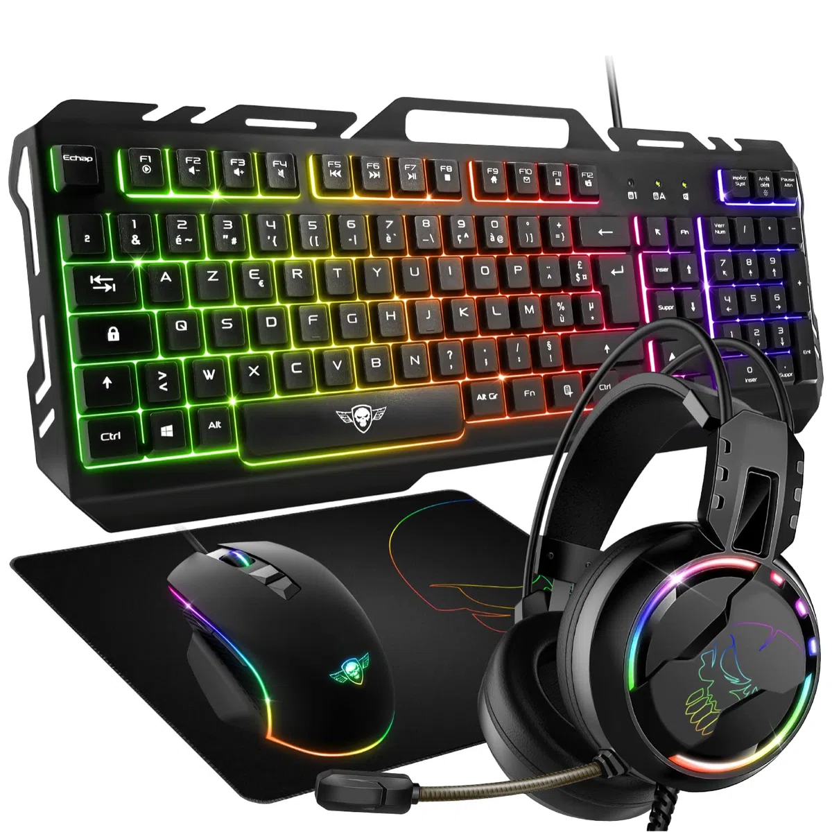 SPIRIT OF GAMER Pro-MKH5 - Kit Gaming 4 in 1 - Tastiera RGB AZERTY Anti-Ghosting, Mouse 7 Pulsanti 6400 DPI, Cuffie, Tappetino Antiscivolo - Compatibile con PC PS4 PS5 Xbox One Mac