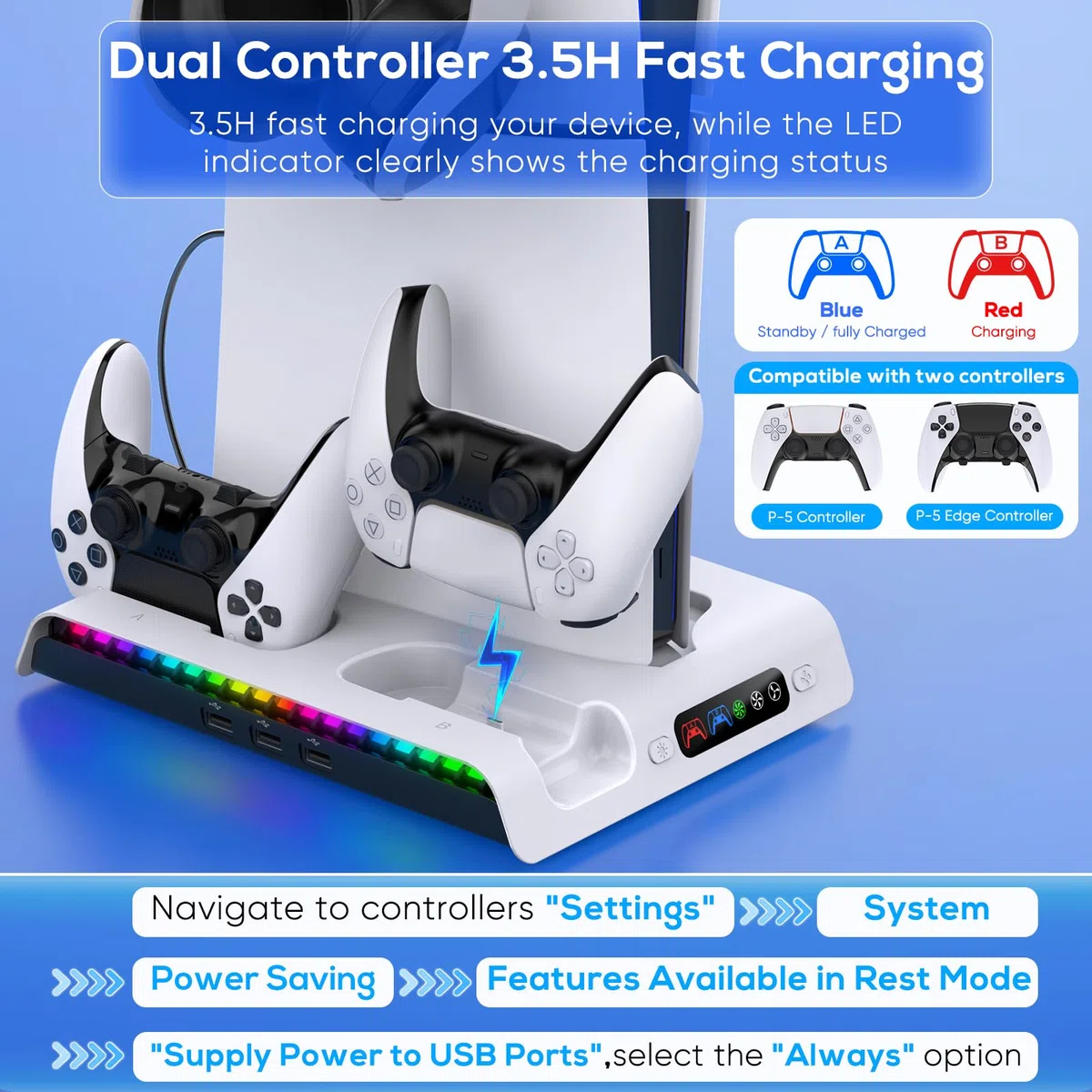 FYOUNG Supporto verticale per console PS5 Slim con ventola e controller di ricarica, supporto di raffreddamento multifunzione per PlayStation 5 Slim Accessori con luce 9RGB (solo per PS5 Slim)