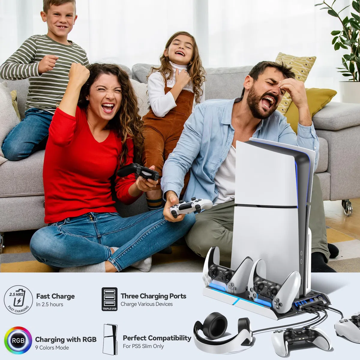 Supporto PS5 Slim con Ventola di Raffreddamento, Staffa per PS5, Base Ricarica Controller PS5, PS5 Accessori per PS5 Slim/P5 Digital Edition e Disc Edition
