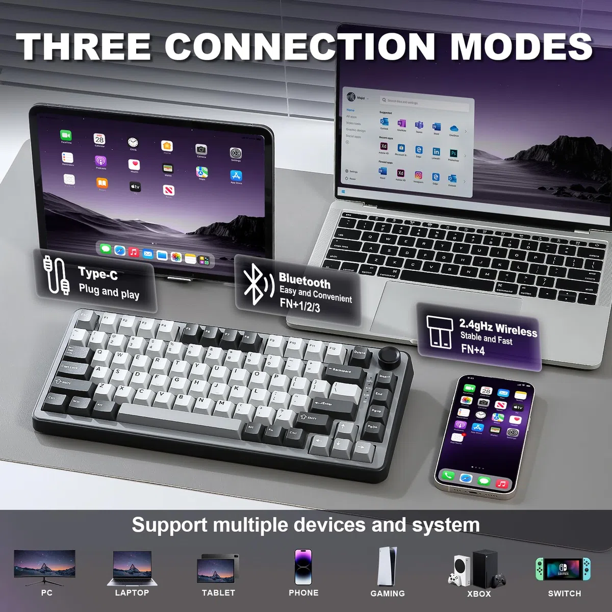 YUNZII B75 PRO Tastiera Meccanica Senza Fili, 75% Gaming Keyboard Hot Swap con Manopola, Interruttori Pre-lubrificati RGB, BT/Tipo-C/2.4G (Dark Grey, Cocoa Cream V2 Switch)