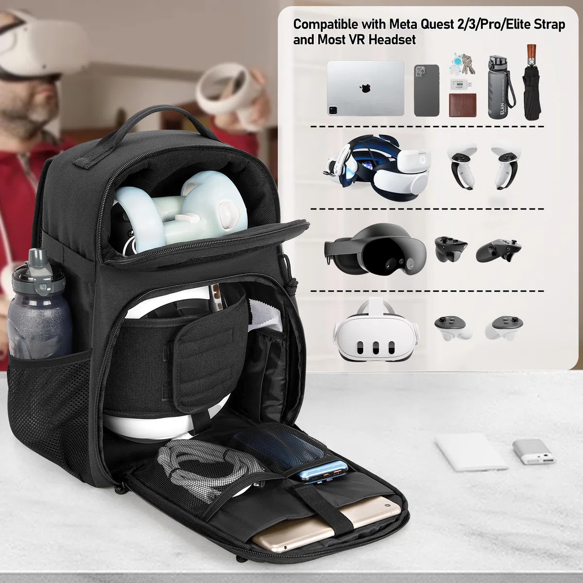 PGmoon Zaino Tattico per Oculus Meta Quest 2/3/Pro, Borsa da Trasporto con Tasche Multiple per Controller e Accessori
