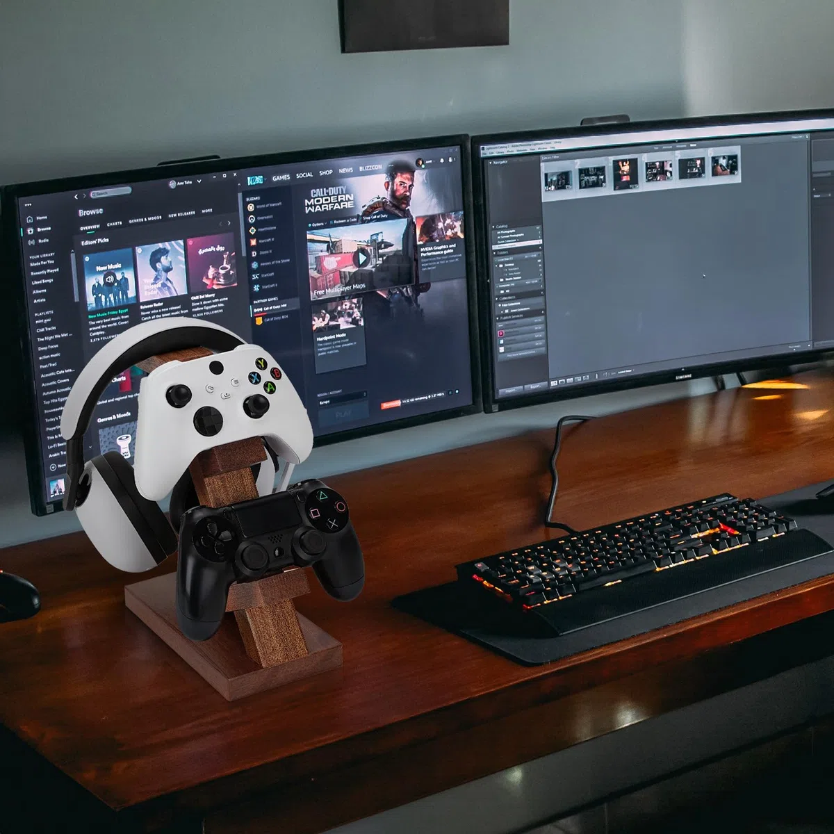 Geekria Supporto per controller e cuffie in legno massello, supporto per riporre il controller per PS4/PS5/Xbox/Switch/8BitDo, accessori universali per giochi da scrivania