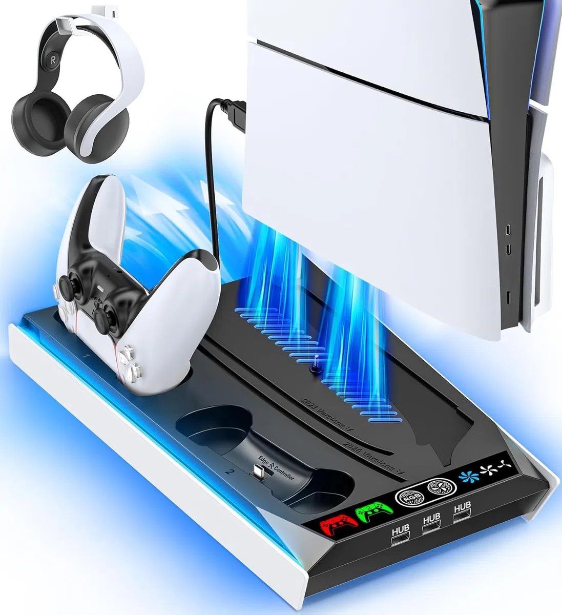 Tokluck Supporto per PS5 e Raffreddamento per PS5/PS5 Slim/PS5 PRO, Ricarica per P5 & Edge Controller, Ventola P5 a 3 velocità con 3 USB HUB