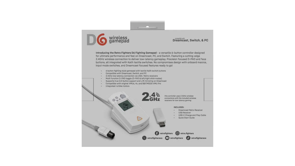 Retro Fighters D6 Dreamcast Wireless Controller for Switch/PC/Dreamcast, White