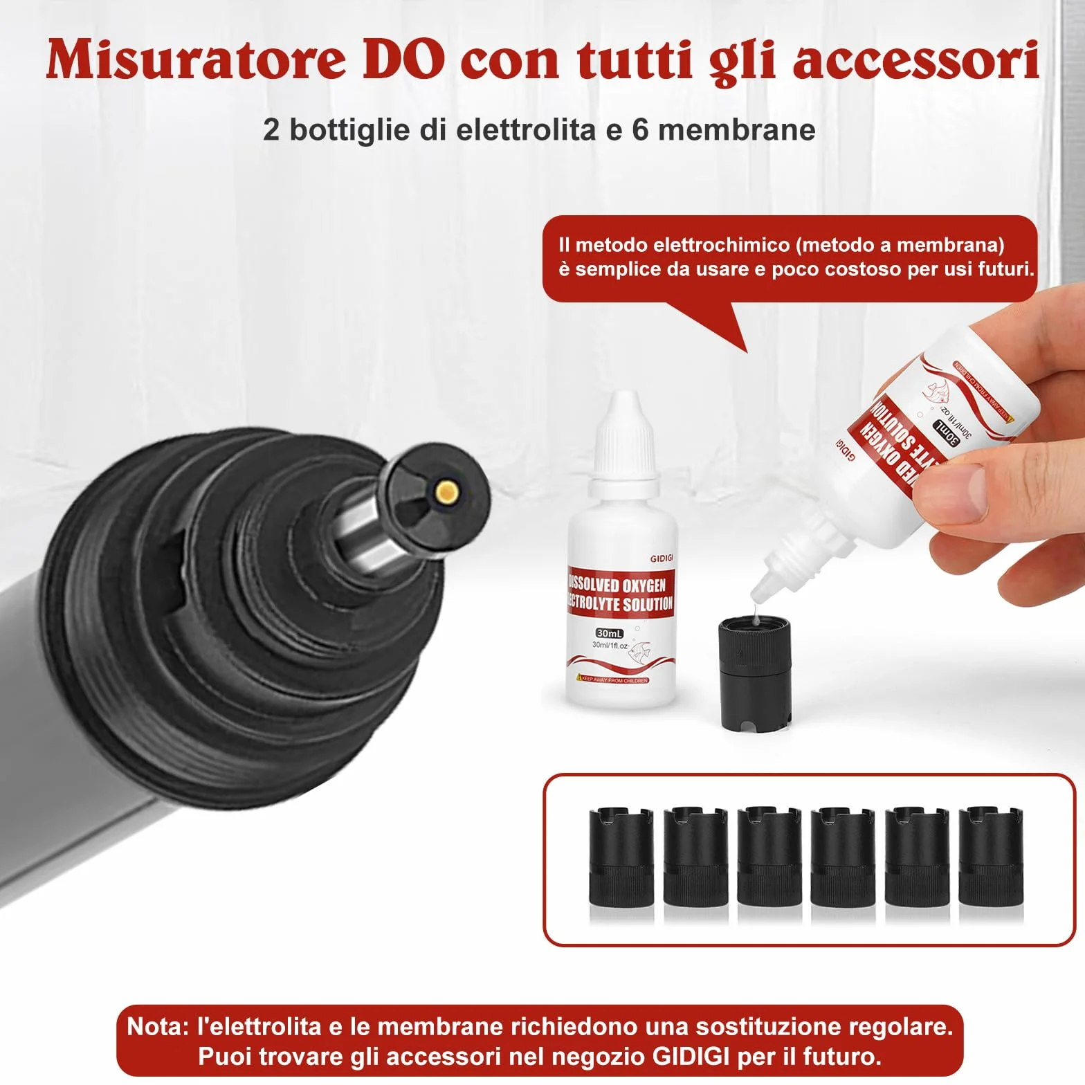 Misuratore di ossigeno disciolto per acqua, tester di ossigeno per laghetti, tester DO per acquari con acque reflue di laghetti, con più membrane, acqua priva di ossigeno, elettrolita, 0,0-40,0 mg/L