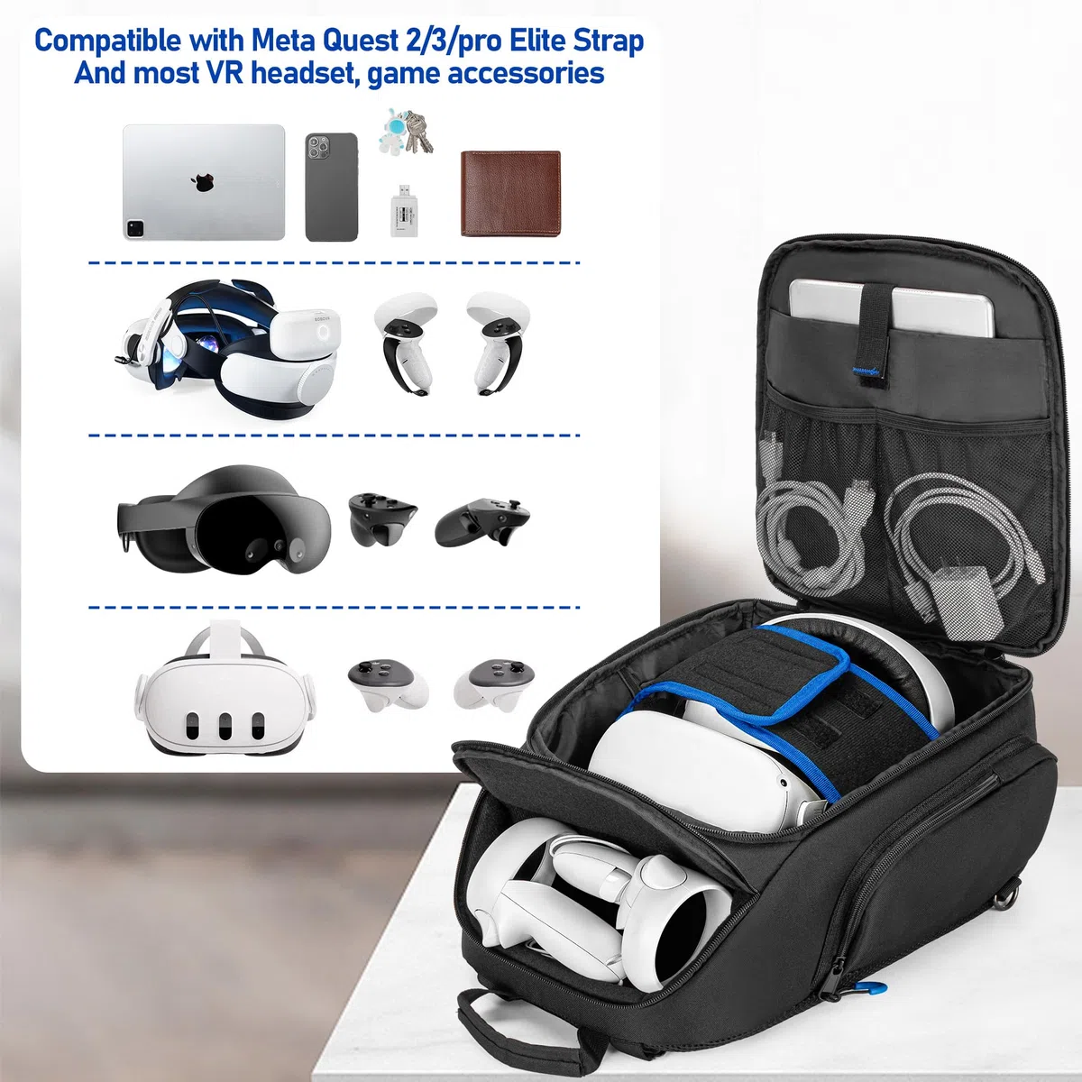 PGmoon Custodia da Trasporto per Oculus Meta Quest 2/Quest 3/Quest Pro/VR Elite/PSVR2, Zaino con Spazio per Controller