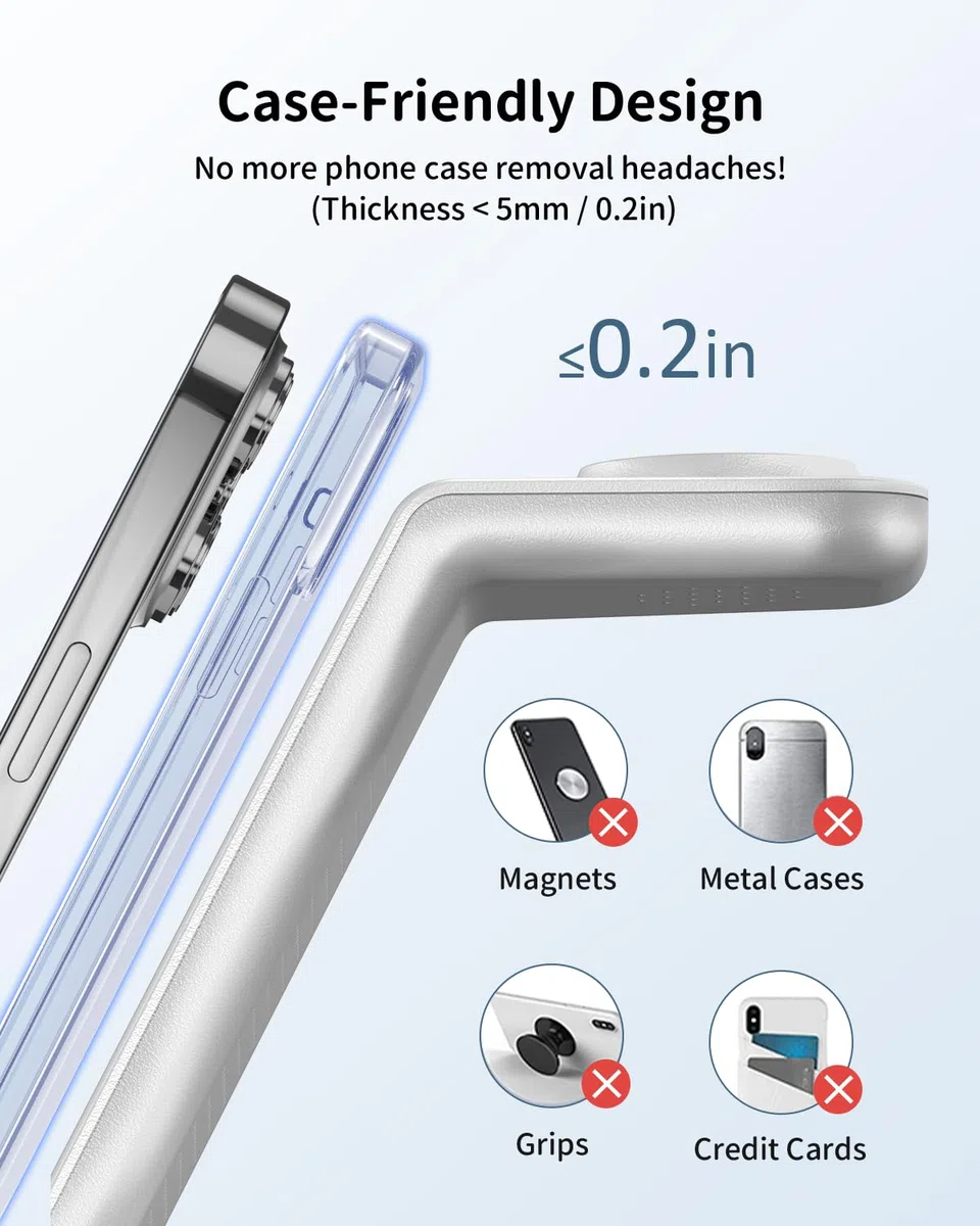GEEKERA Stacja Ładowania Bezprzewodowa dla Apple iPhone Air/17/16/15/14/13/12/11/X/8, Apple Watch Ultra/11-2/SE, AirPods Pro-2, Srebrny