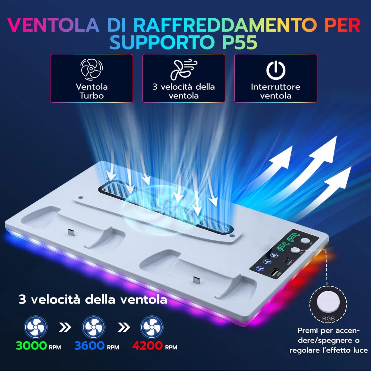 Verticale Supporto con Raffreddamento e Ricarica per PS5/PS5 Pro/PS5 Slim, Ventola 3 Livelli RGB