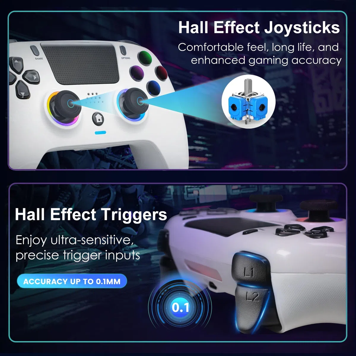 DoJoZone Wireless Controller Compatibile con PS4/Pro/Slim, Joystick con Hall Effect Trigger/Stick (NO Drift), Luci RGB, Jack Cuffie, Pulsanti Programmabili, Vibrazione, Sensore 6 Assi