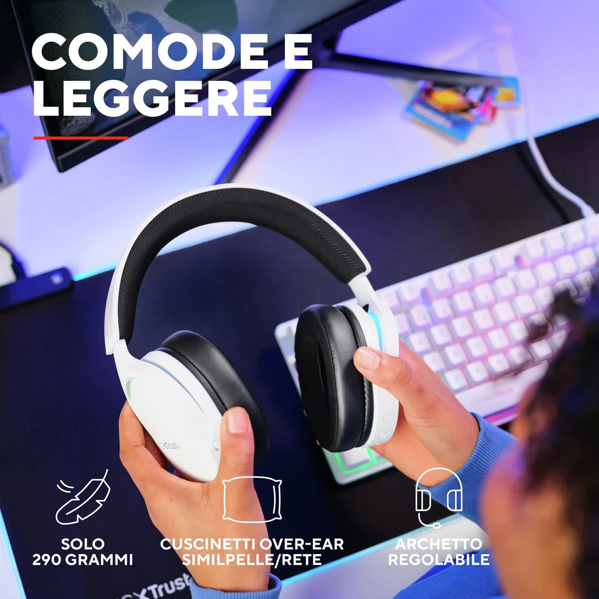 GXTrust 491W Fayzo Cuffie Gaming Wireless Bluetooth + 2.4 GHz, Audio Surround 7.1, Batteria da 22 Ore, 35% Plastica Riciclata, RGB Cuffie Bluetooth Over Ear PC PS5 PS4 Switch - Bianco
