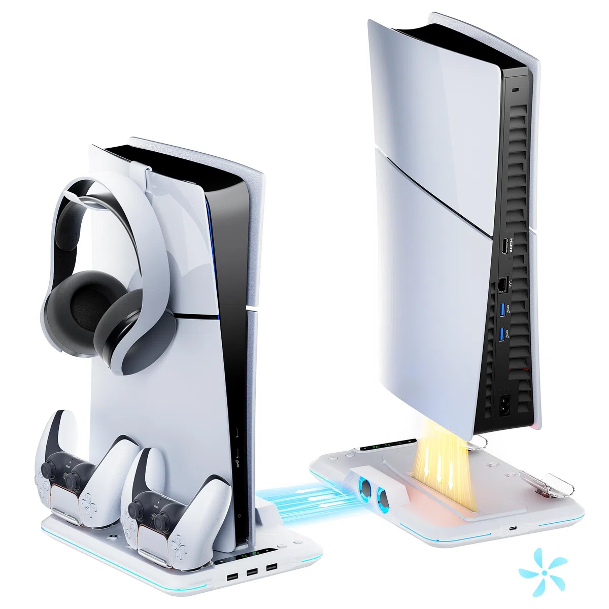 Mytrix Stazione di raffreddamento per la nuova console PS5 Slim 2023 (edizioni disco e digitale), supporto PS5 Slim con ventola a 3 velocità, stazione di ricarica con caricatore controller, 14 luci