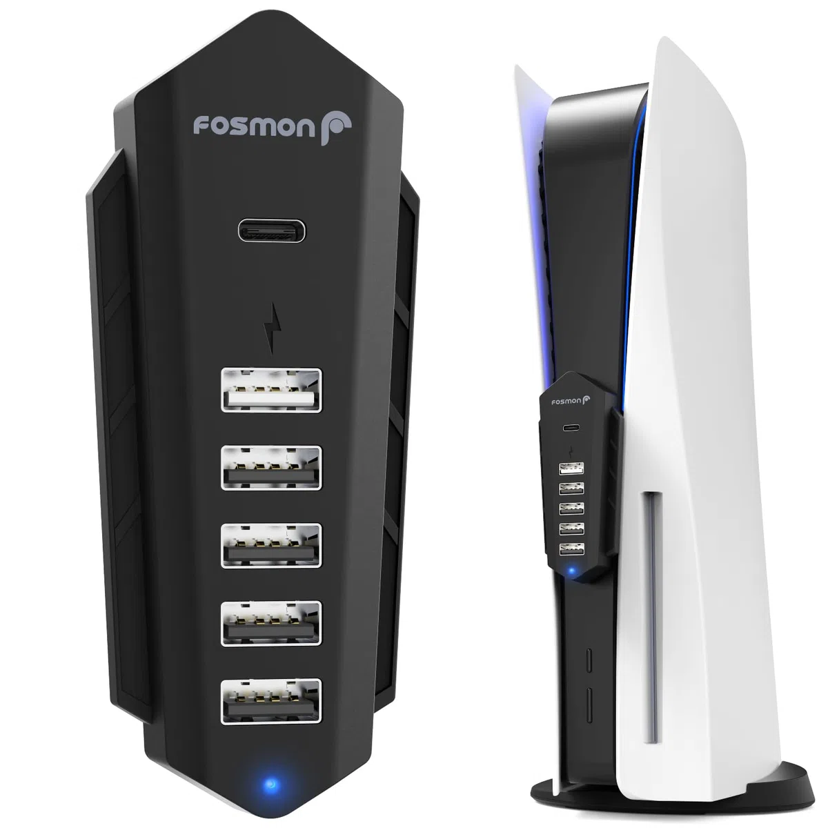 Fosmon USB Hub for PS5, 5 Port High-Speed USB Expansion Hub Extender Splitter Charger for PlayStation 5 (Disc/Digital Edition), 4 USB + 1 USB Charging + 1 Type C Port - Black (NOT for 2023 PS5 Slim)
