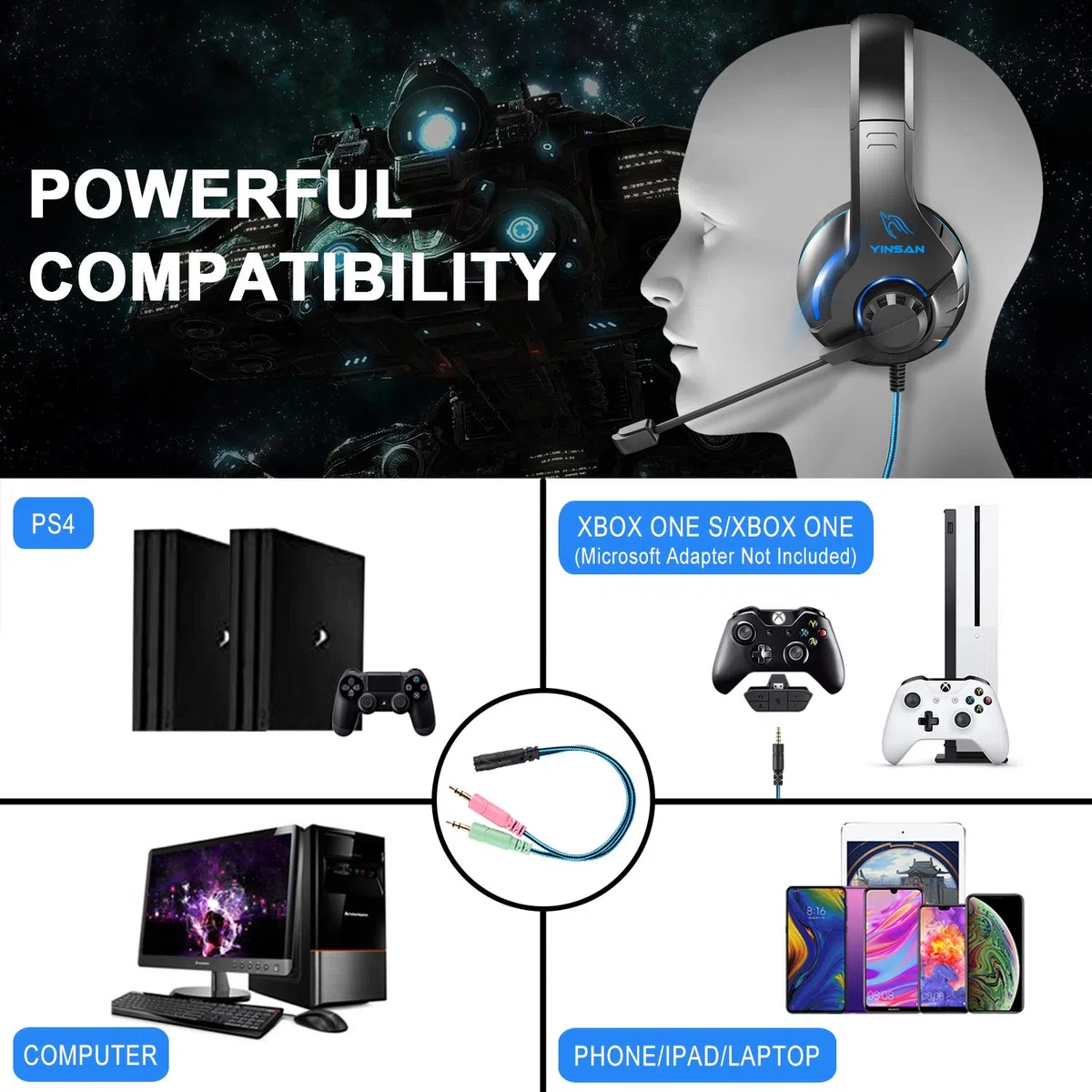 YINSAN Cuffie Gaming con Microfono per PS5 PS4 PC Xbox One Nintendo Switch Xbox, Cuffie da Gioco Cablate Over Ear con Cancellazione del Rumore, Stereo Bass Deep, LED Luce, Leggero, Blu