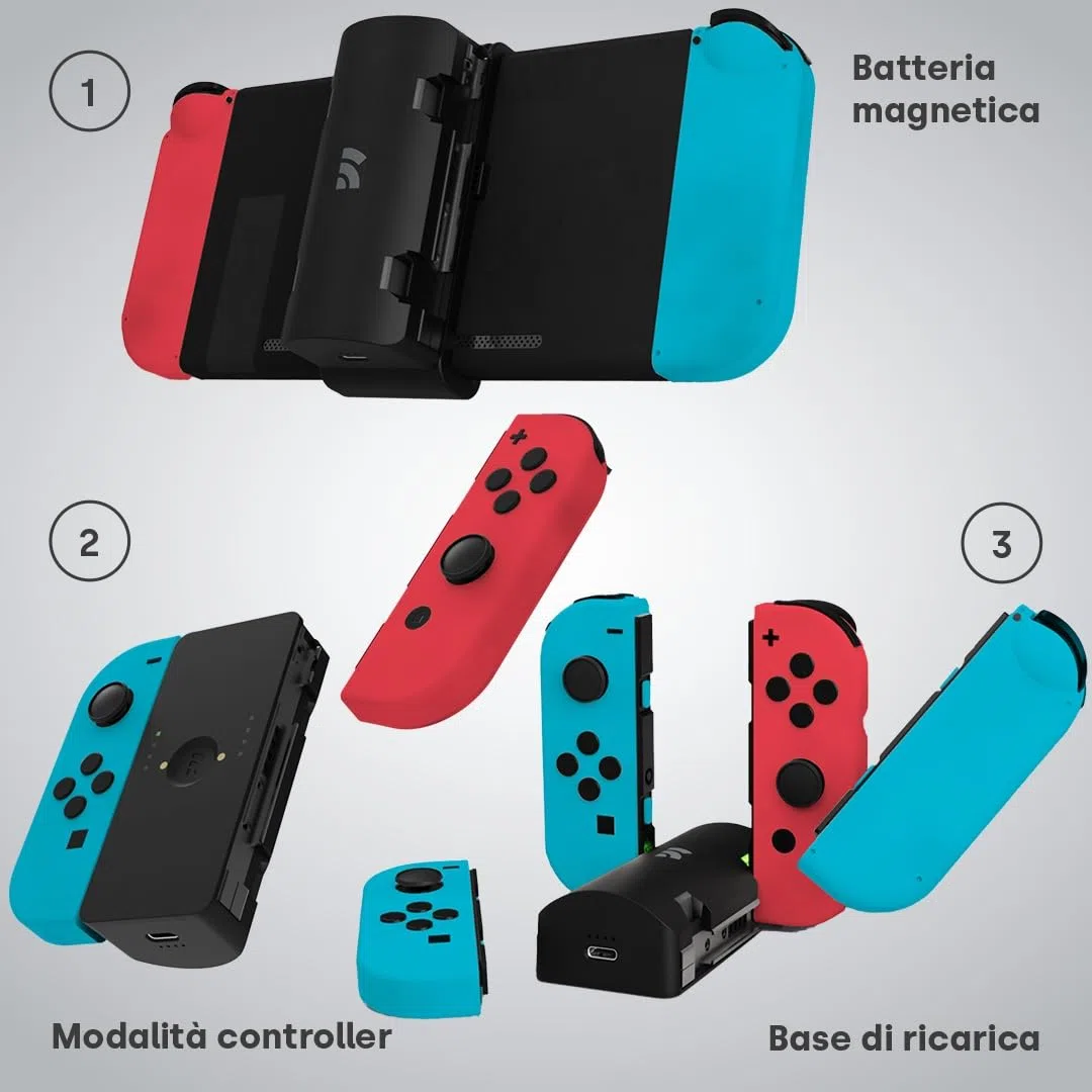 Remotto Enerjoy Go - Caricatore portatile per Nintendo Switch & OLED - Batteria esterna 3 in 1: ricarica wireless, modalità telecomando e modalità base di ricarica Joy-Cons - Accessori Switch
