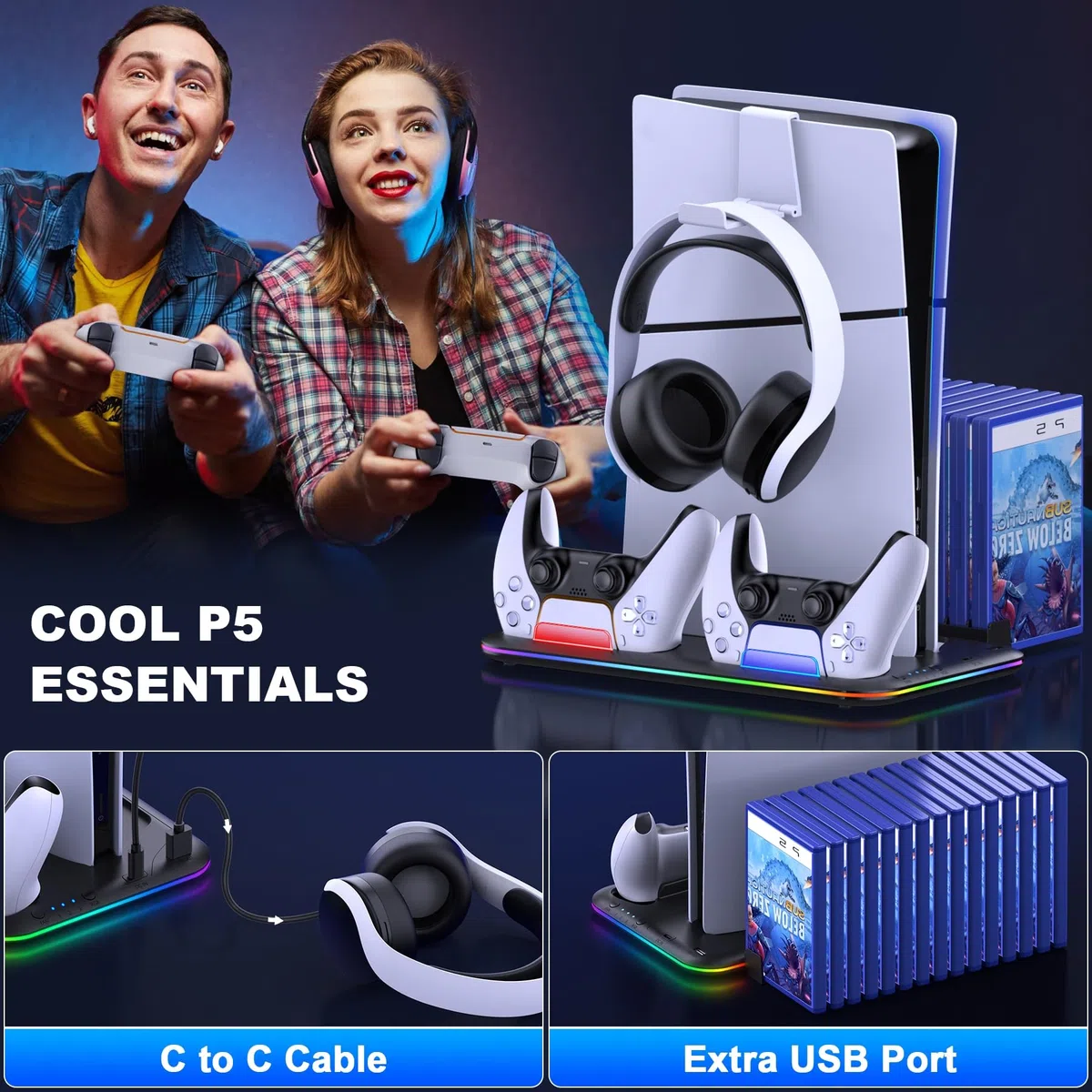 HELLCOOL Base PS5 Slim, Supporto con Ventola di Raffreddamento/Luci RGB/Doppio Ricarica Controller/Supporto per Cuffie/15 Slot di Gioco, Stand per PS5 Disc/Digital Edition