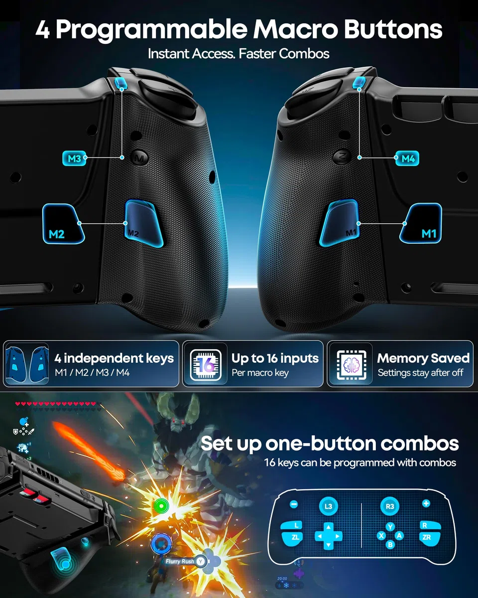 Controller per Switch 2/Switch/OLED con TMR Joystick, Monoblocco Estensibile Joypad Nintendo Switch, Gamepad Sostitutivo Switch Pro con Luci RGB, TURBO Regolabile, Vibrazione, Macro Programmabile