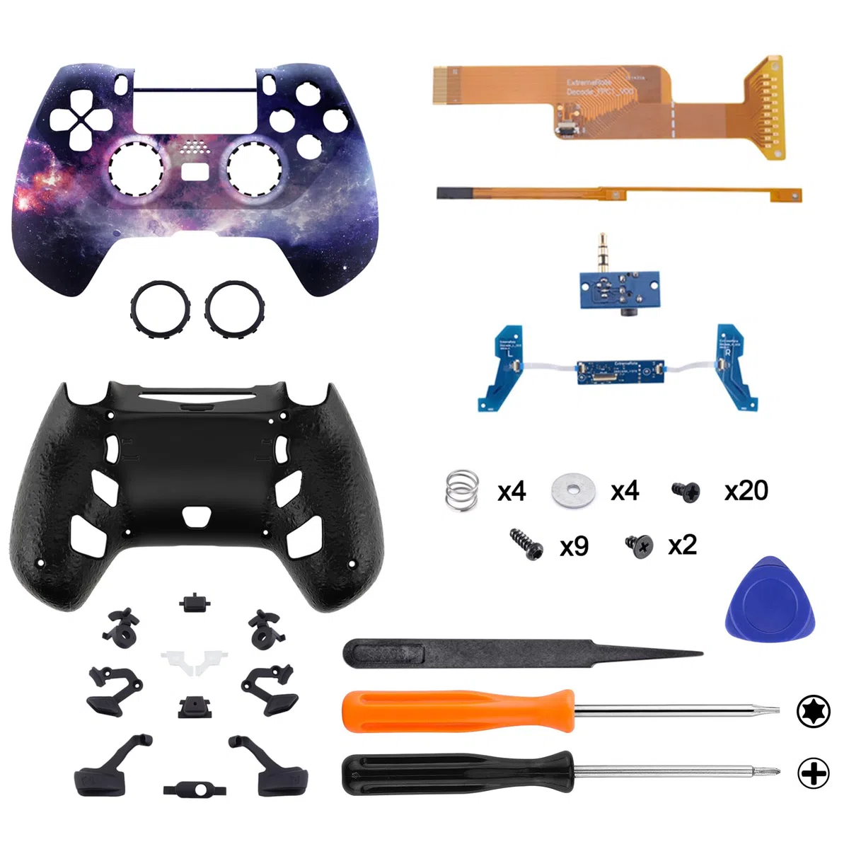 eXtremeRate DECADE Torneo Aggiornamento Kit per ps4 Controller CUH-ZCT2(Non Controller), Cover Shell&Tasti Posteriori&Trigger Stop, Accessori per ps4 Joystick JDM-040/050/055, Galassia Nebulosa