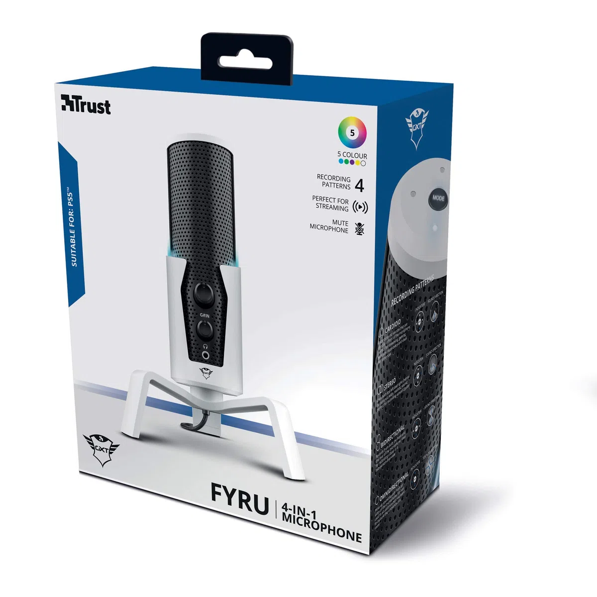 Trust Gaming GXT 258 Fyru Microfono PC Professionale, 4 Pattern Di Registrazione, Illuminazione LED, Microfono USB Per Computer PS4 PS5 Streaming Twitch YouTube Discord Canto ASMR Podcasting, Bianco