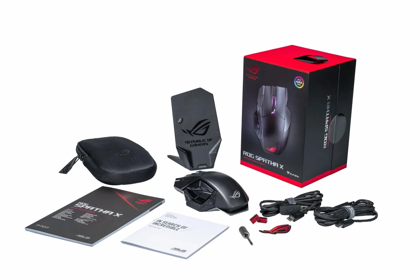 ASUS ROG Spatha X Mouse Gaming Dual-Mode (Wireless e USB-C), Sensore Ottico 19.000 DPI, 12 Tasti Programmabili, Socket Switch Push-Fit, ROG Micro Switch, Base di Ricarica Magnetica, ROG Paracord, Nero