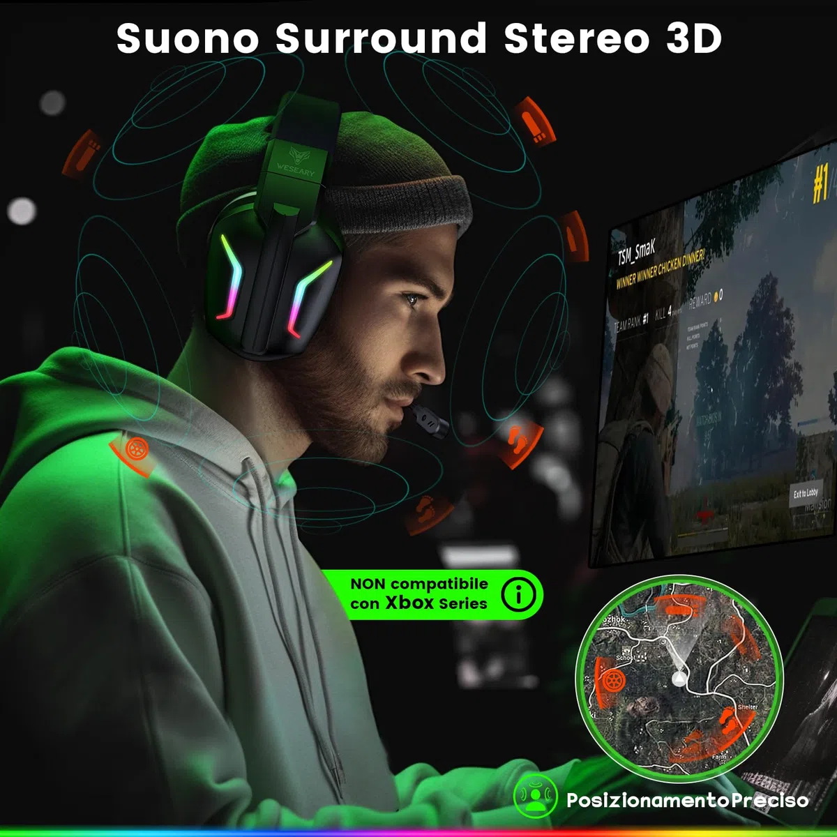 WESEARY WG1 Cuffie Gaming Wireless, 2,4 GHz Cuffie Gaming con Microfono per PS5, PS4, PC, Switch, Mac, Mobile, Cuffie per PS5 con Stereo, Cuffie Bluetooth Over Ear con Luce LED, Batteria da 50 Ore