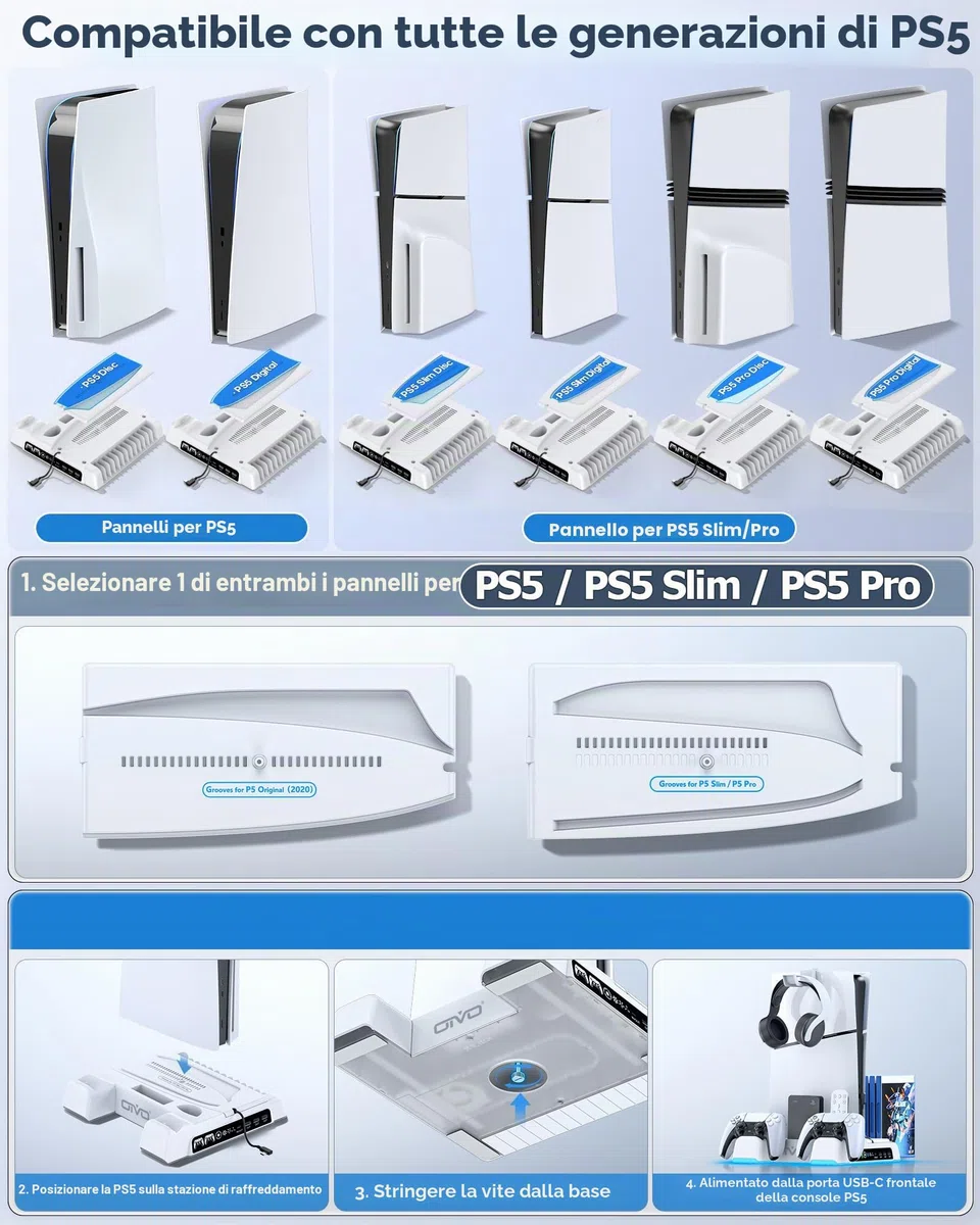 OIVO Supporto per PS5/Slim/Pro con Ventola di Raffreddamento, Ricarica Controller e Conservazione per 14 Giochi