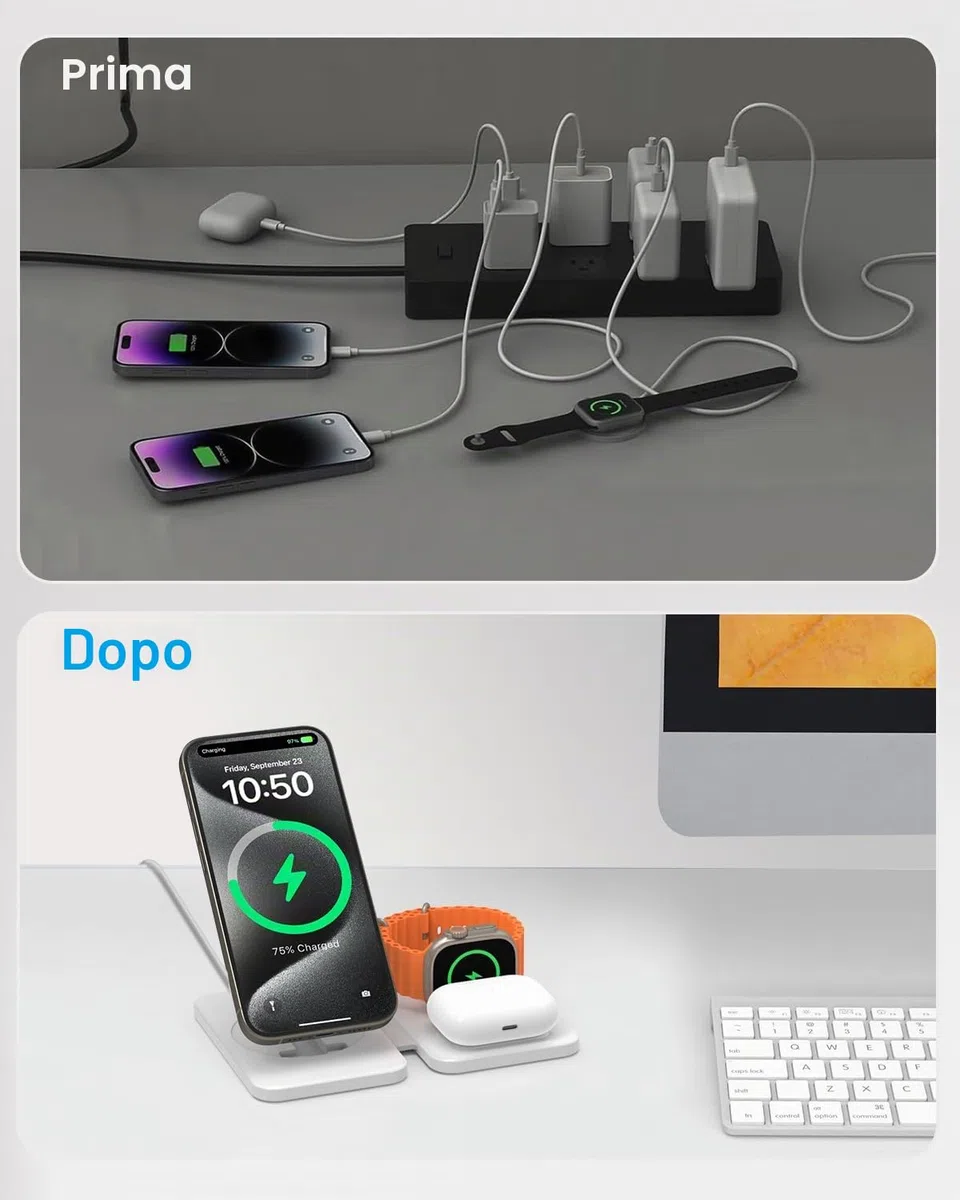 GEEKERA Caricatore con Magsafe, 3 in 1 Stazione di Ricarica per Apple Watch e iPhone Air/17/16/15/14/13/12, Caricatore Wireless per iWatch 2-Ultra 3, Base Caricabatterie per AirPods 2-Pro 3, bianca