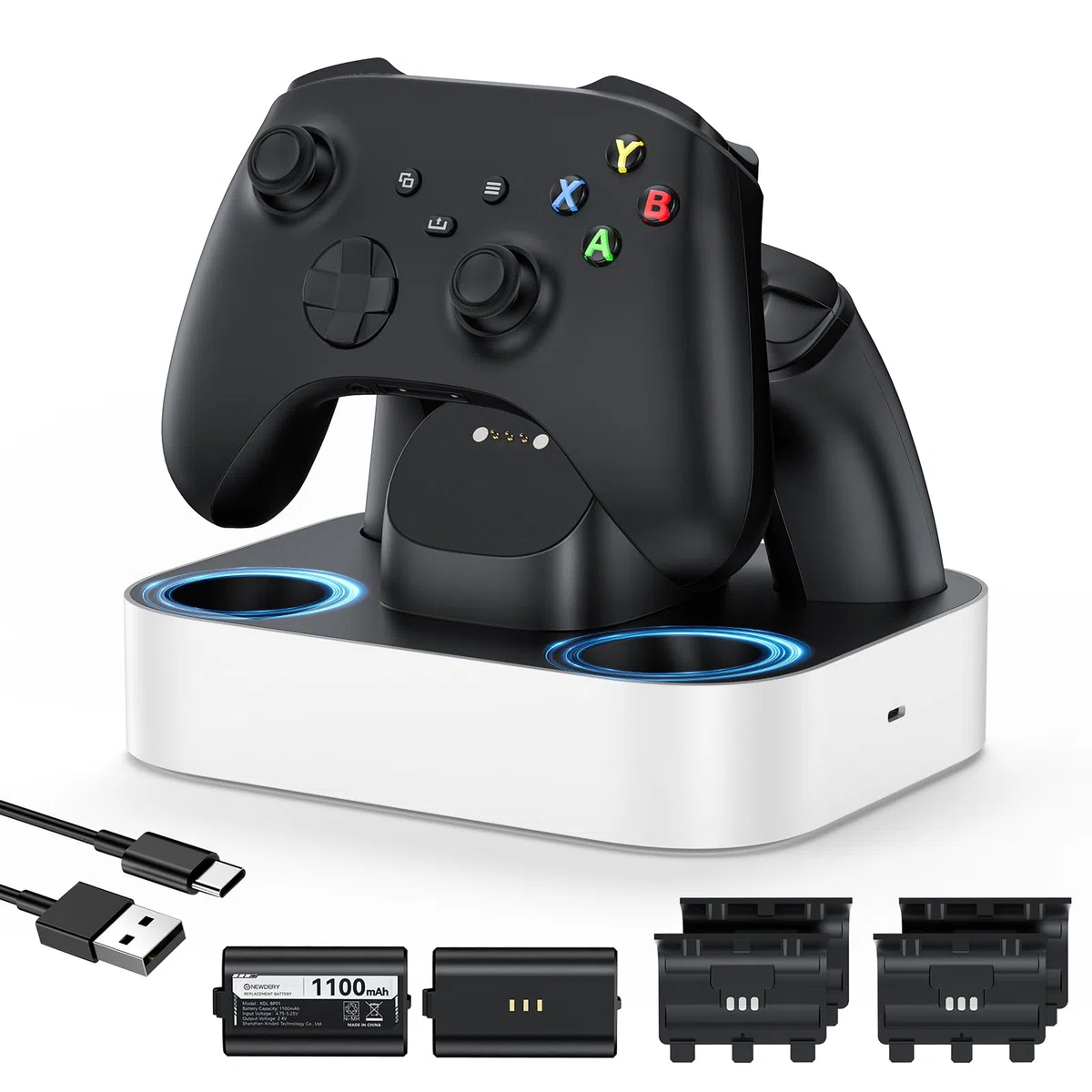NEWDERY Stazione di ricarica per controller Xbox, 2 batterie ricaricabili da 1100 mAh per controller Xbox One/serie X|S, stazione di ricarica rapida con 4 coperchi batteria Bianco