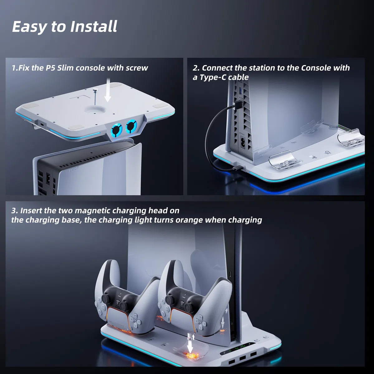 Mytrix Stazione di raffreddamento per la nuova console PS5 Slim 2023 (edizioni disco e digitale), supporto PS5 Slim con ventola a 3 velocità, stazione di ricarica con caricatore controller, 14 luci