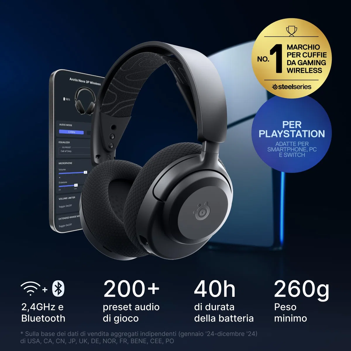 SteelSeries Arctis Nova 3P Cuffie da gioco wireless 2,4GHz/BT 40h neodimio Nero per PS5 PS4 PC Switch