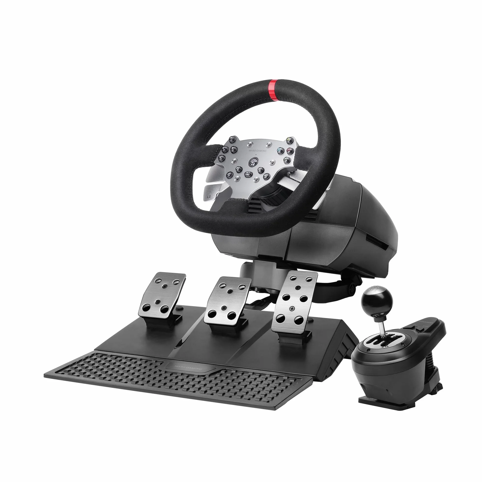 Mars Gaming MWH-RSX Volante SimRacing Force Feedback Doppio Motore Set 3 Pedali Resistenza Progressiva Cambio H 12 Marce 14 Pulsanti PC PS4 Xbox Series X|S