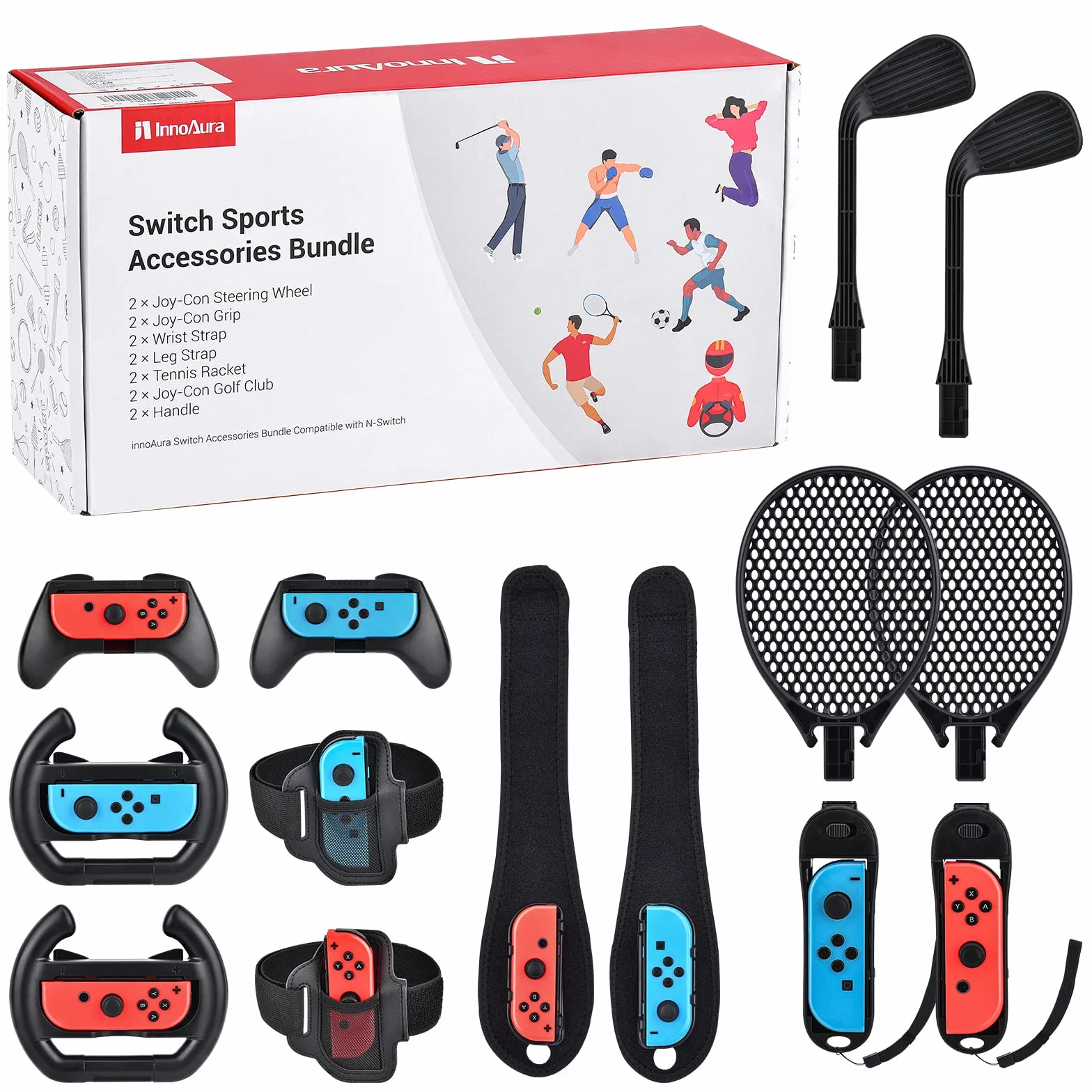 14 in 1 Switch Sports Accessori Bundle, innoAura Switch Sport Bundle con Switch Volante,Impugnatura Joycon,Racchetta Tennis,Glof Club,Cinturino polso,Cinturino gamba compatibile con Switch/Switch OLED