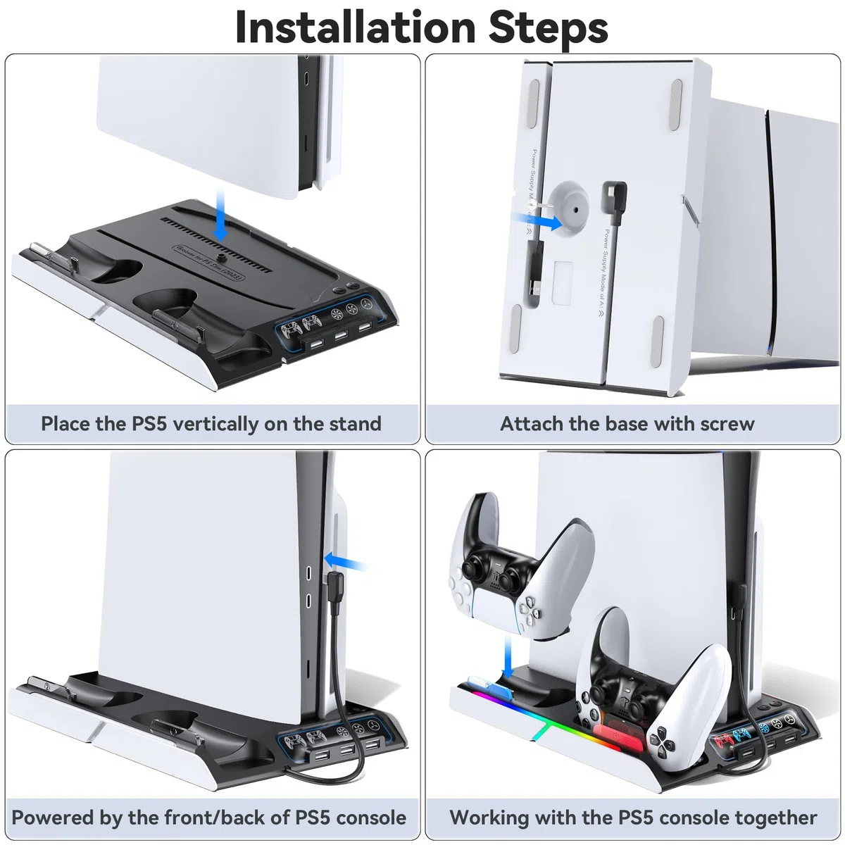 Supporto PS5 Slim con Ventola di Raffreddamento, Staffa per PS5, Base Ricarica Controller PS5, PS5 Accessori per PS5 Slim/P5 Digital Edition e Disc Edition